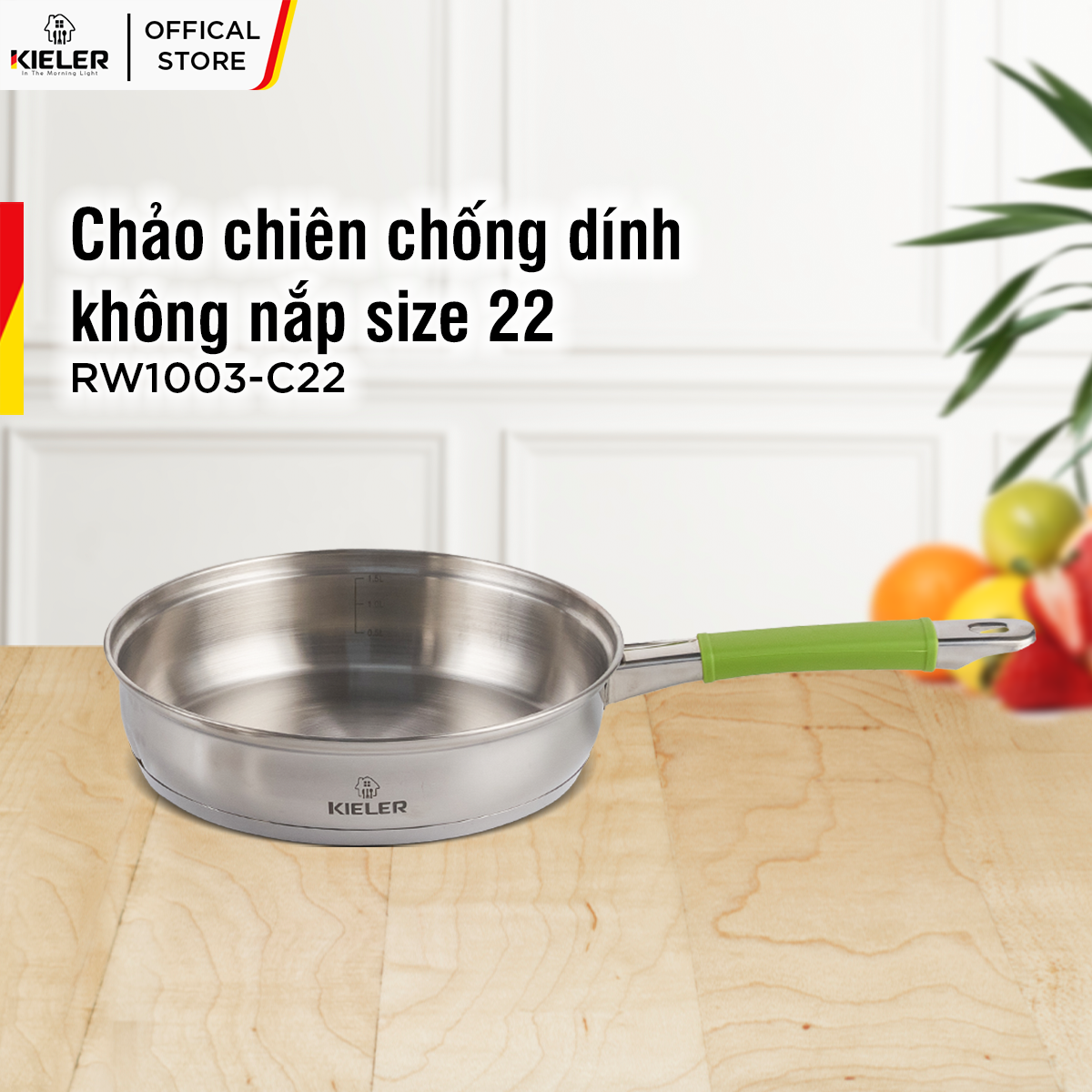 Chảo chống dính không nắp cao cấp KIELER đáy từ 22cm nấu nhanh, tiết kiệm điện, có 2 lớp chống dính Whitford RW1003-C22 - Hàng Chính Hãng