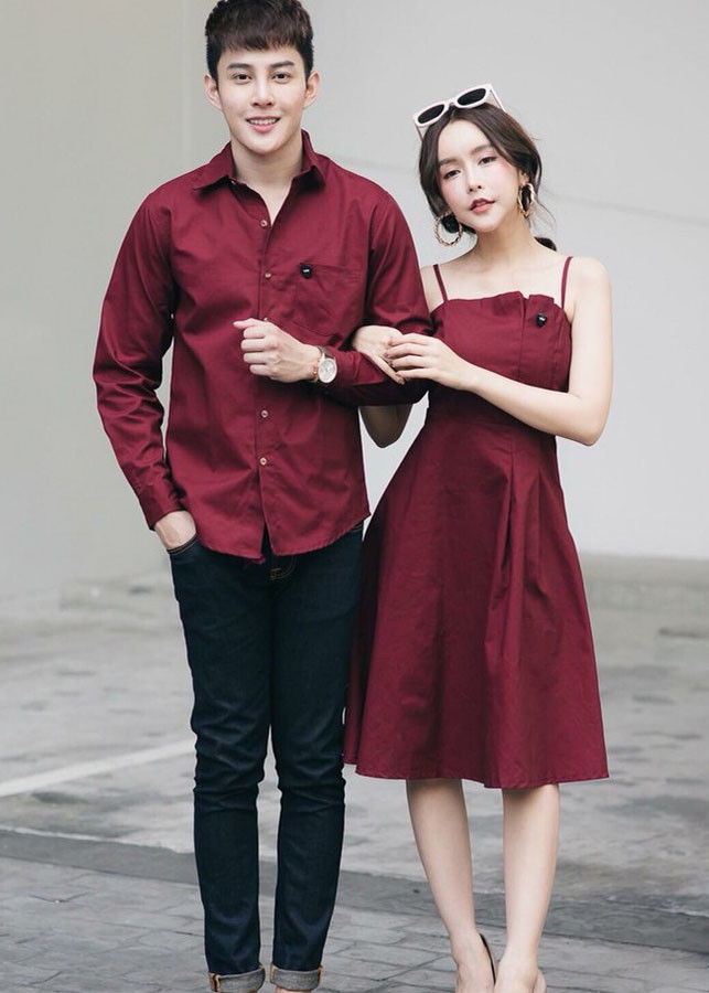 Bộ áo váy cặp đôi chụp cưới, đồ đôi nam nữ màu đỏ đô AV165