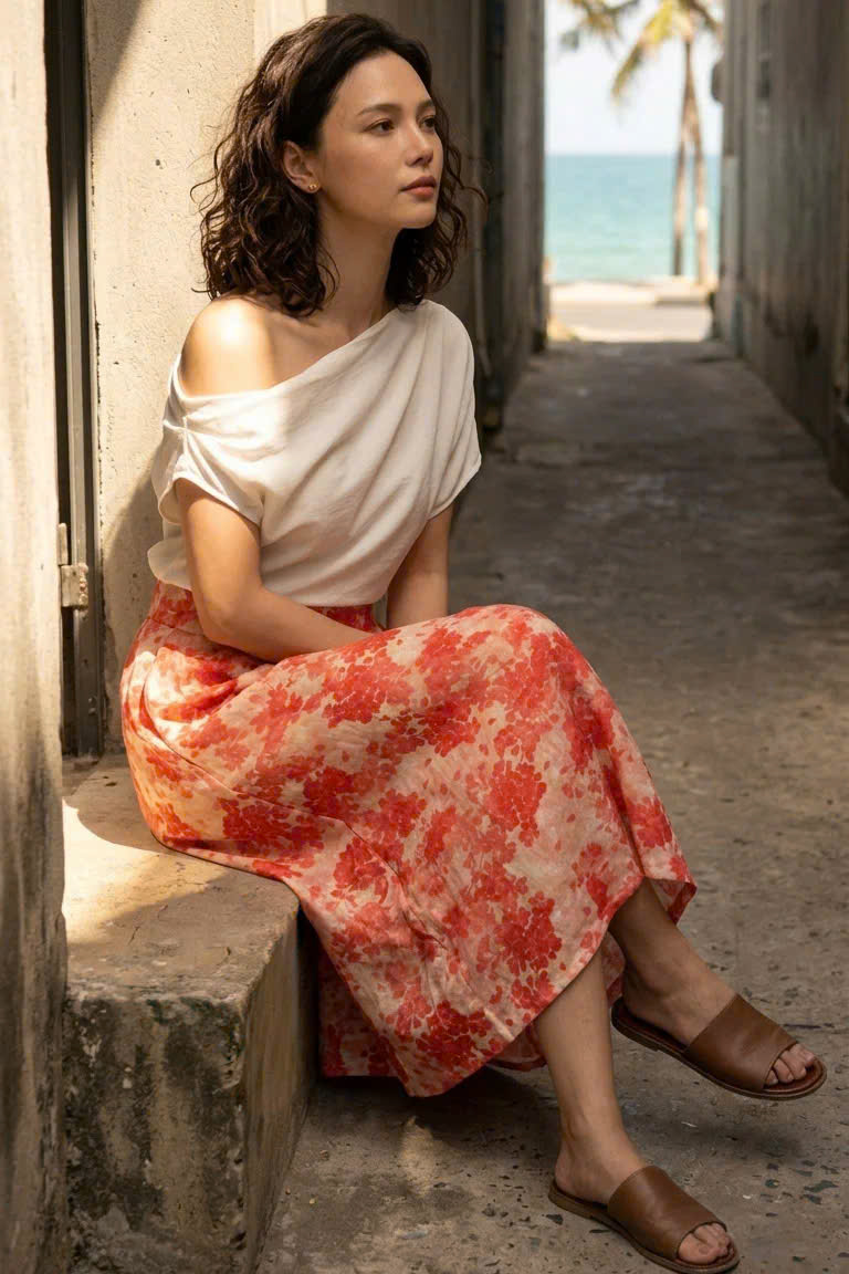 Váy Midi Ramie In Hoa Thanh Minh Ski055 Thời trang Hity