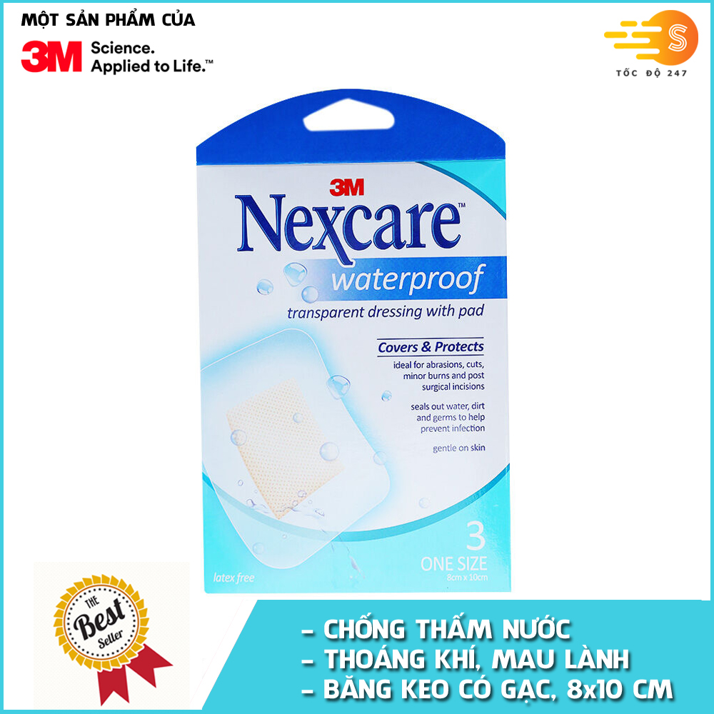 Băng dán bảo vệ vết thương chống thấm nước có gạc 3M Nexcare B100 80X100RMM 3miếng/hộp