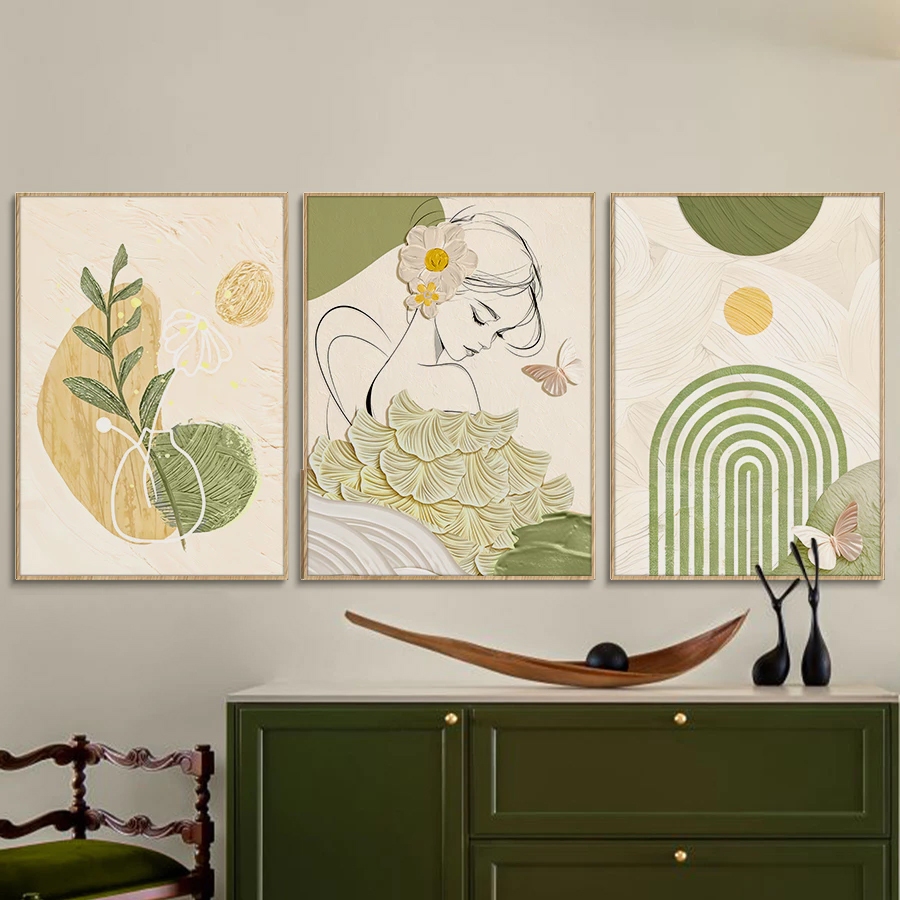 Tranh treo tường cô gái nghệ thuật tranh hiện đại bộ 3 tấm có sẵn khung kèm đinh