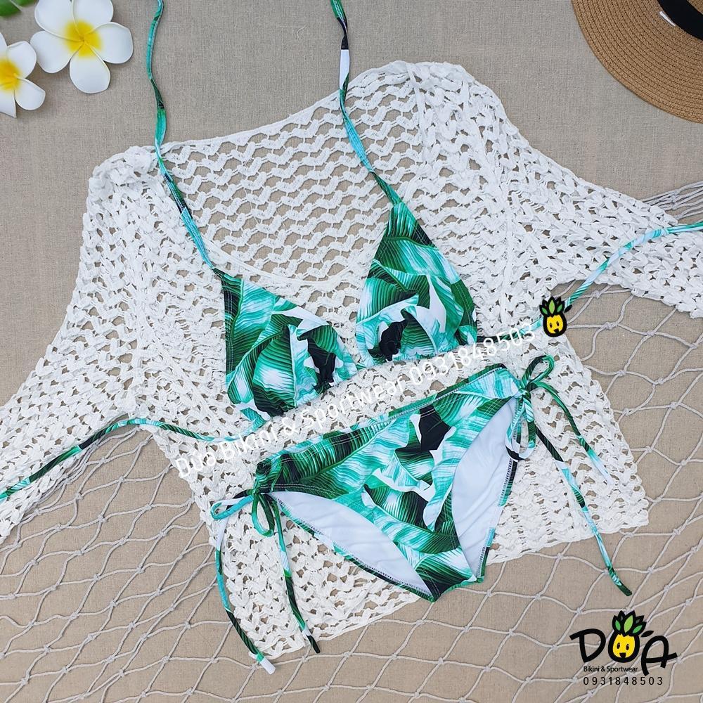 Bikini 2 mảnh basic họa tiết lá xanh đi biển đẹp
