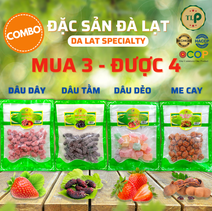 COMBO 4 GÓI ĐẶC SẢN ĐÀ LẠT (KẸO ME CAY XÍ MUỘI, DÂU DẺO, DÂU TÂY, DÂU TẰM) TÂN LỘC PHÁT