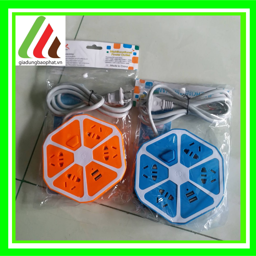 Ổ cắm điện lục giác 4 lỗ phích cắm 2 chấu 3 chấu và 2 cổng USB đa năng trang trí đèn led