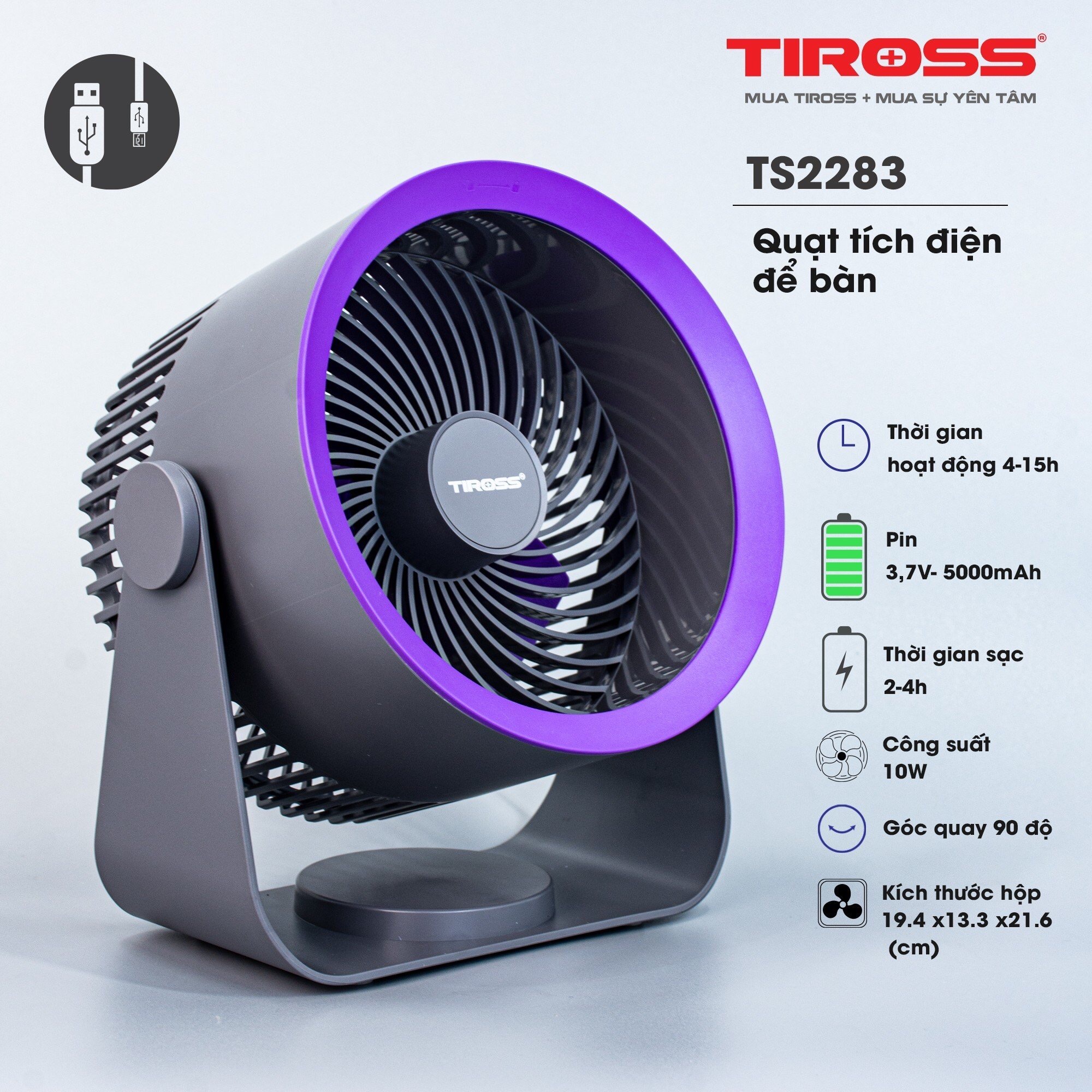 Quạt Sạc Tích Điện Để Bàn Và Treo Tường USB TIROSS TS2283  Pin 5000mAh (4-15h) 10w Model 2023 - Hàng Chính Hãng