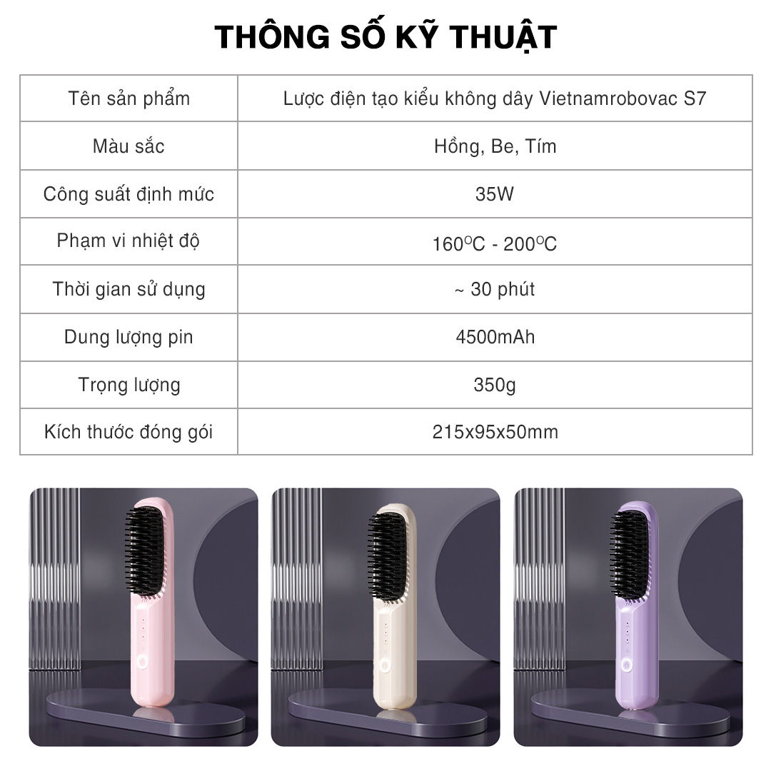 Lược Điện Tạo Kiểu Không Dây Vietnamrobovac S7 - Chăm Sóc Tóc Suôn Mượt - Hàng Chính Hãng