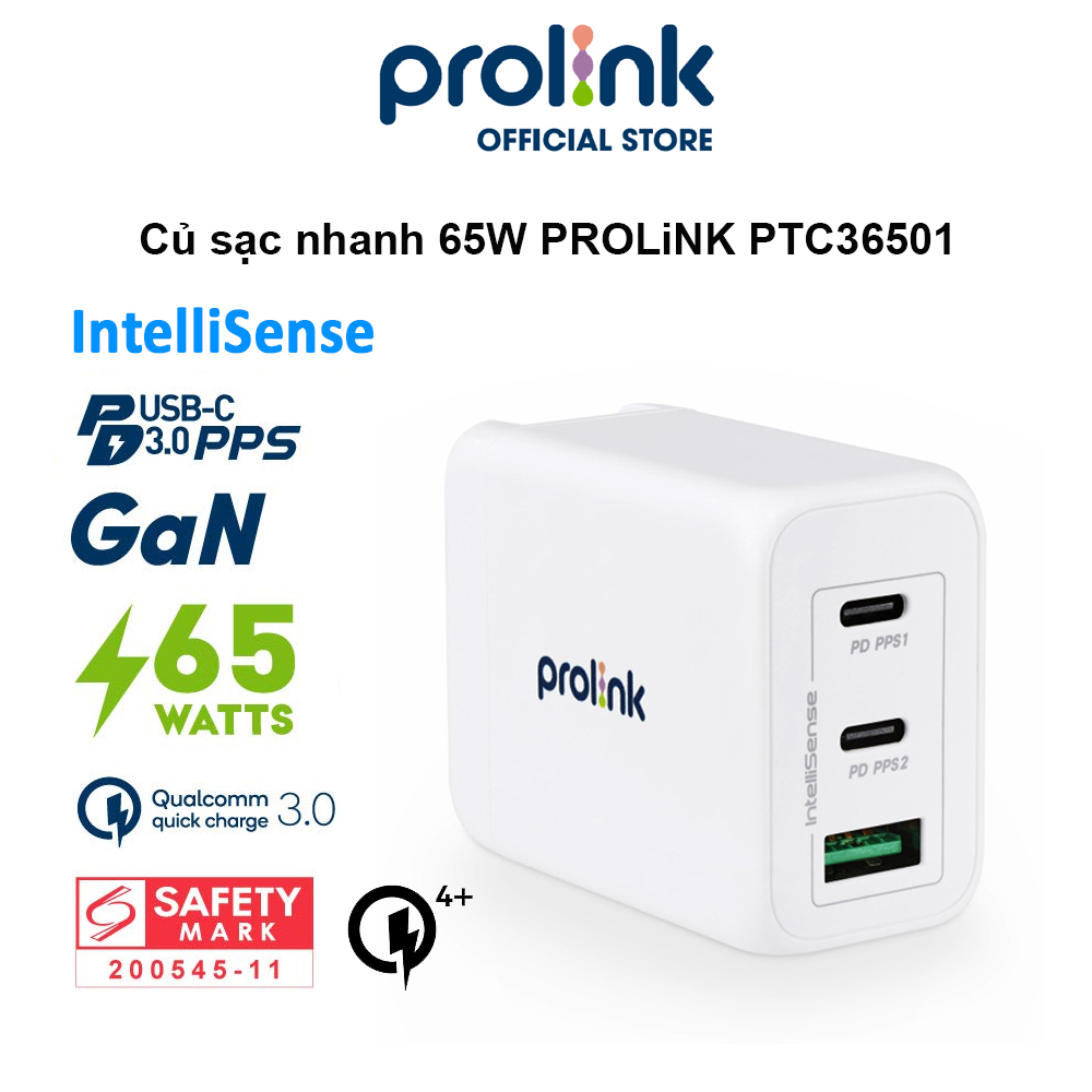 Củ sạc nhanh 65W PROLiNK PTC36501, 3 cổng (USB-A QC 3.0 & 2USB-C PD 3.0) IntelliSense, dùng cho điện thoại, iPad, Laptop - Hàng chính hãng