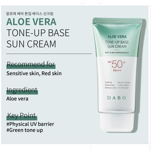 Kem chống nắng Lô Hội dưỡng da, nâng tone DABO Aloe Vera Tone-up Base Sun Cream SPF 50 Pa+++ Hàn Quốc 70ml tặng móc khóa