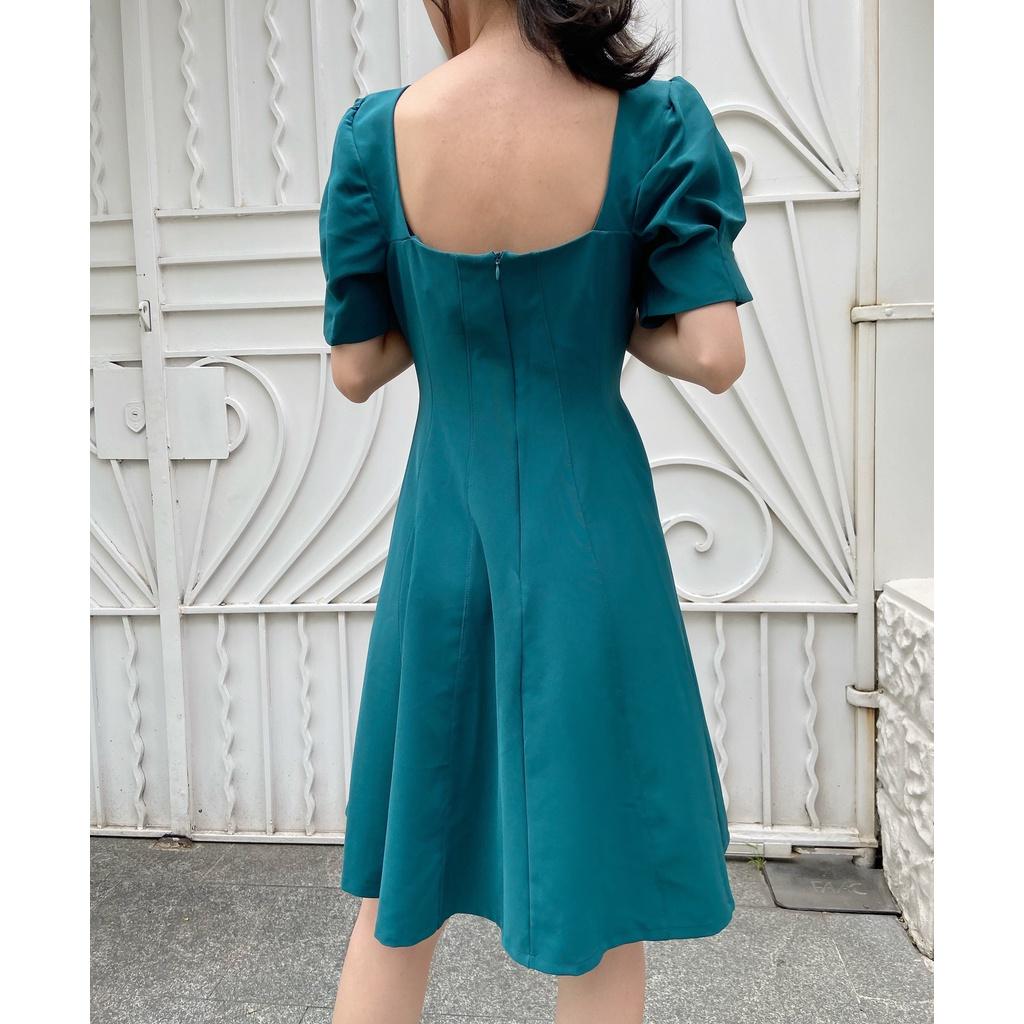Đầm Dáng Suông, Tay Ngắn, Cách Điệu, Tay Bèo, Có Hai Túi, Khóa Kéo Sau, Màu Xanh - Lovadova 22D04C003