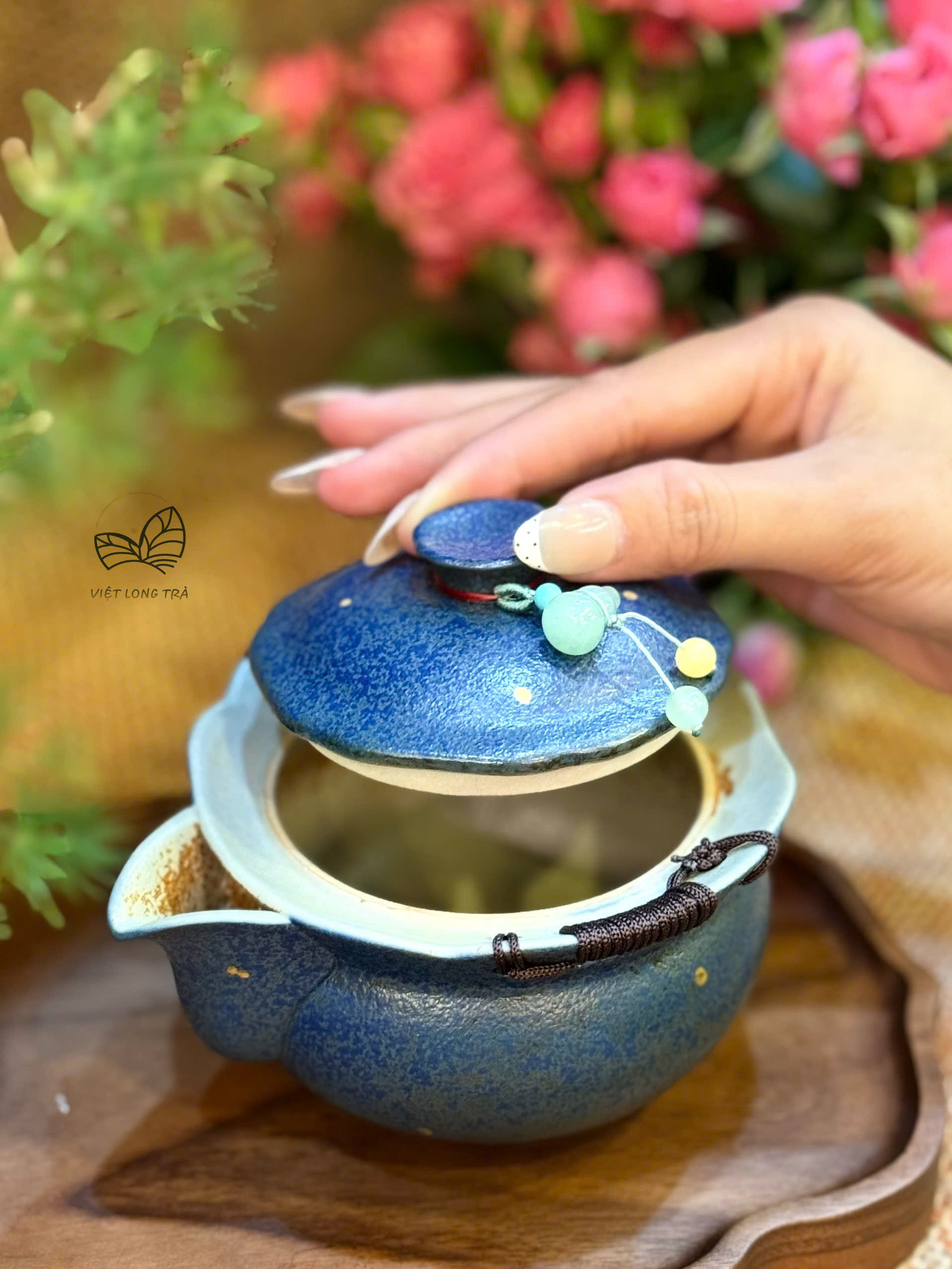 CHÉN KHẢI GỐM SỨ XANH ÁNH KIM ĐÍNH KÈM NGỌC HỒ LÔ - DUNG TÍCH 200ML
