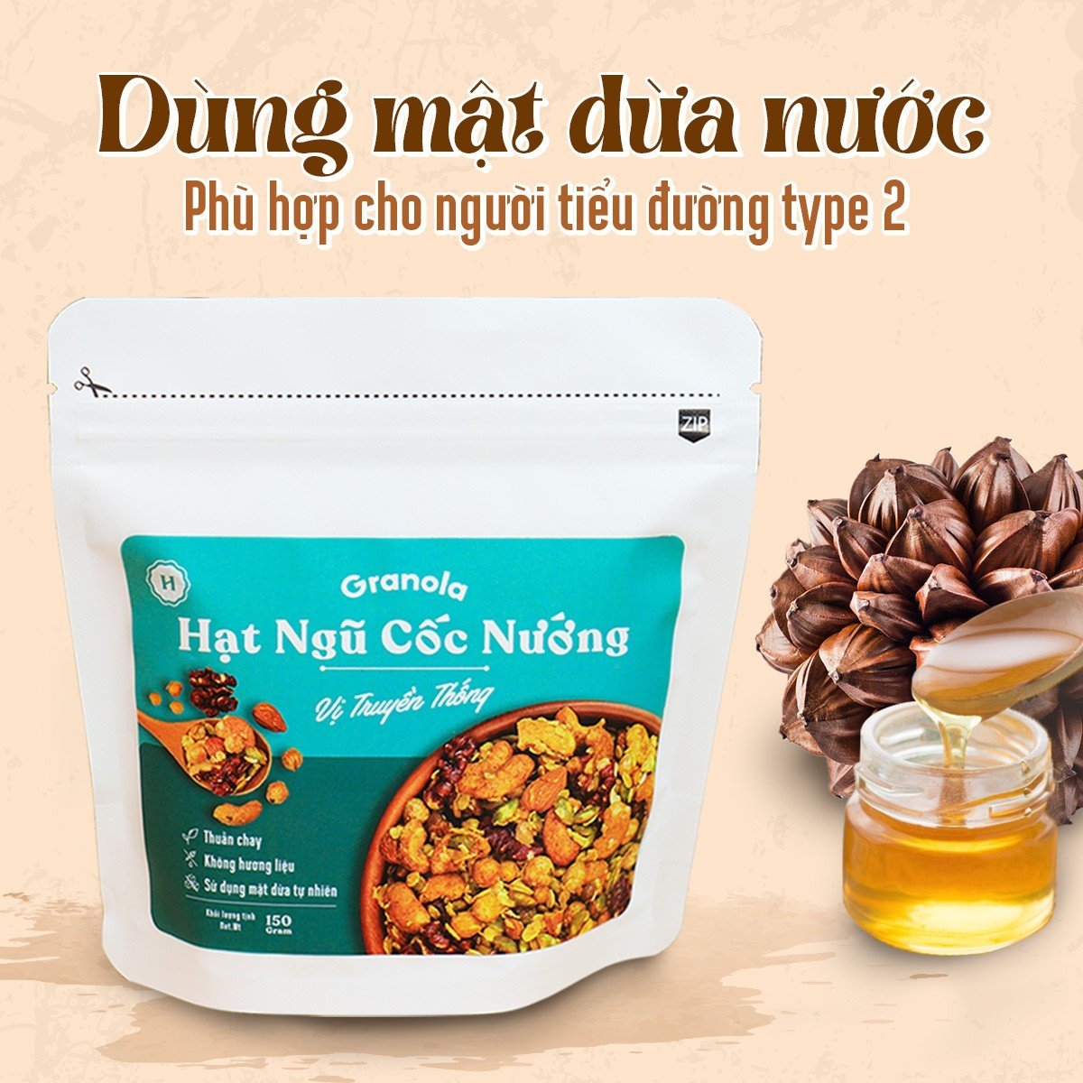 Granola nướng giòn tan - Vị truyền thống túi 150g - Dùng mật dừa nước, 0 trái cây sấy, GI thấp - Hạt ngũ cốc giảm cân - HeydayCacao