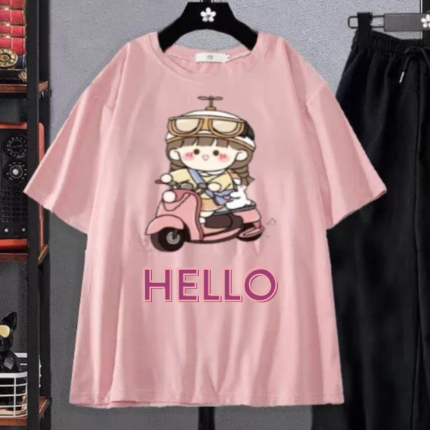 Sét Áo Và Quần, SS06 Sét Đồ Nữ Đi Chơi Đẹp In Hình Cô Gái Lái Xe Dễ Thương, Sét Áo Vải Cotton,Và Quần Kẻ Cá Tính