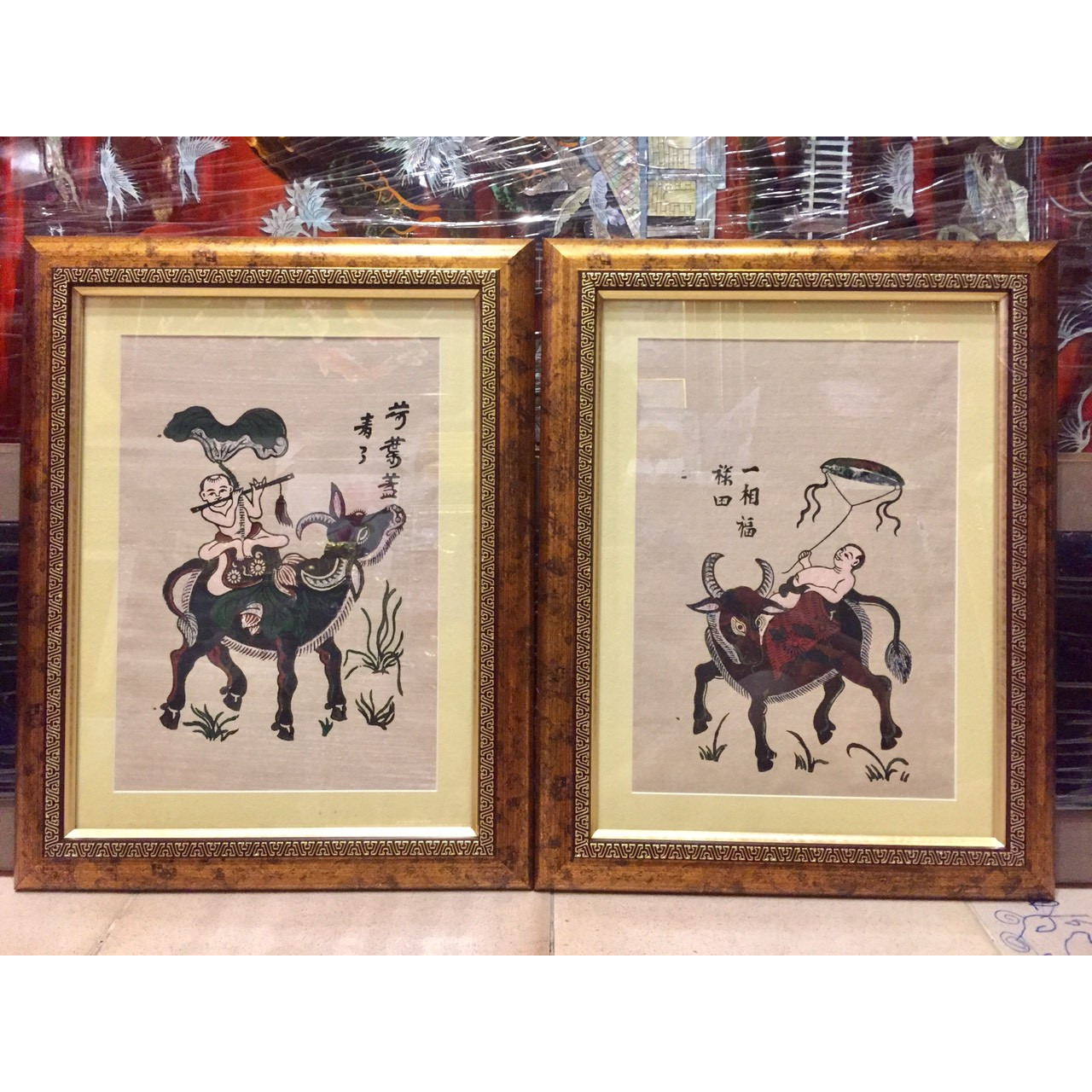 Bộ 2 tấm tranh dân gian đông hồ, trăn trâu thả diều, thổi sáo (38x48cm)