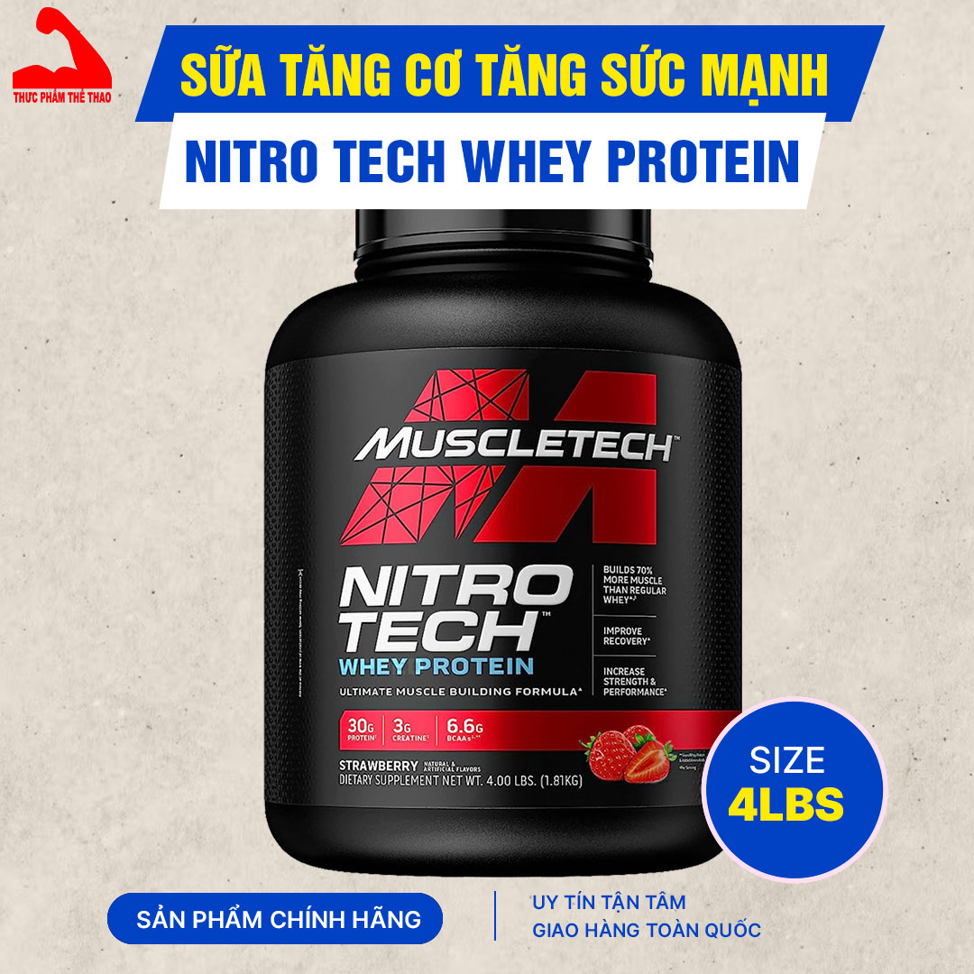 Sữa WHEY PROTEIN Tăng Cơ Tăng sức mạnh Nitro Tech 4lbs (1.81kg) - NHIỀU MÙI VỊ - KÈM QUÀ TẶNG – Bổ sung nguồn Protein chất lượng cao hỗ trợ phát triển cơ bắp to + dày - Hàng chính hãng - Thương hiệu Muscletech USA