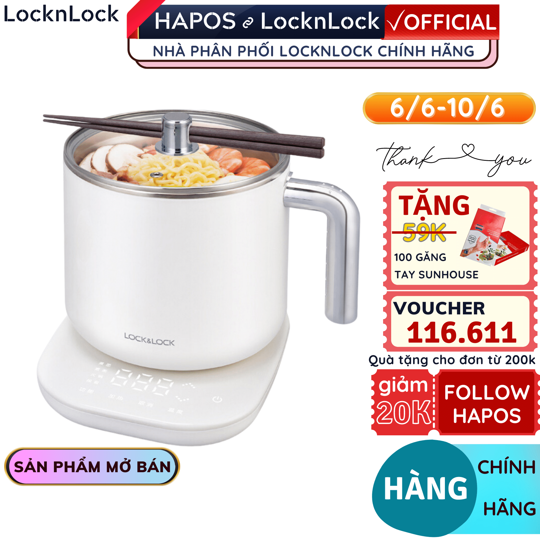 Nồi điện đa năng Lock&amp;Lock 1,5L EJC141 - Hàng chính hãng, có thể dùng nồi nấu lẩu, nấu mì, nấu nước, hâm nóng - Hapos