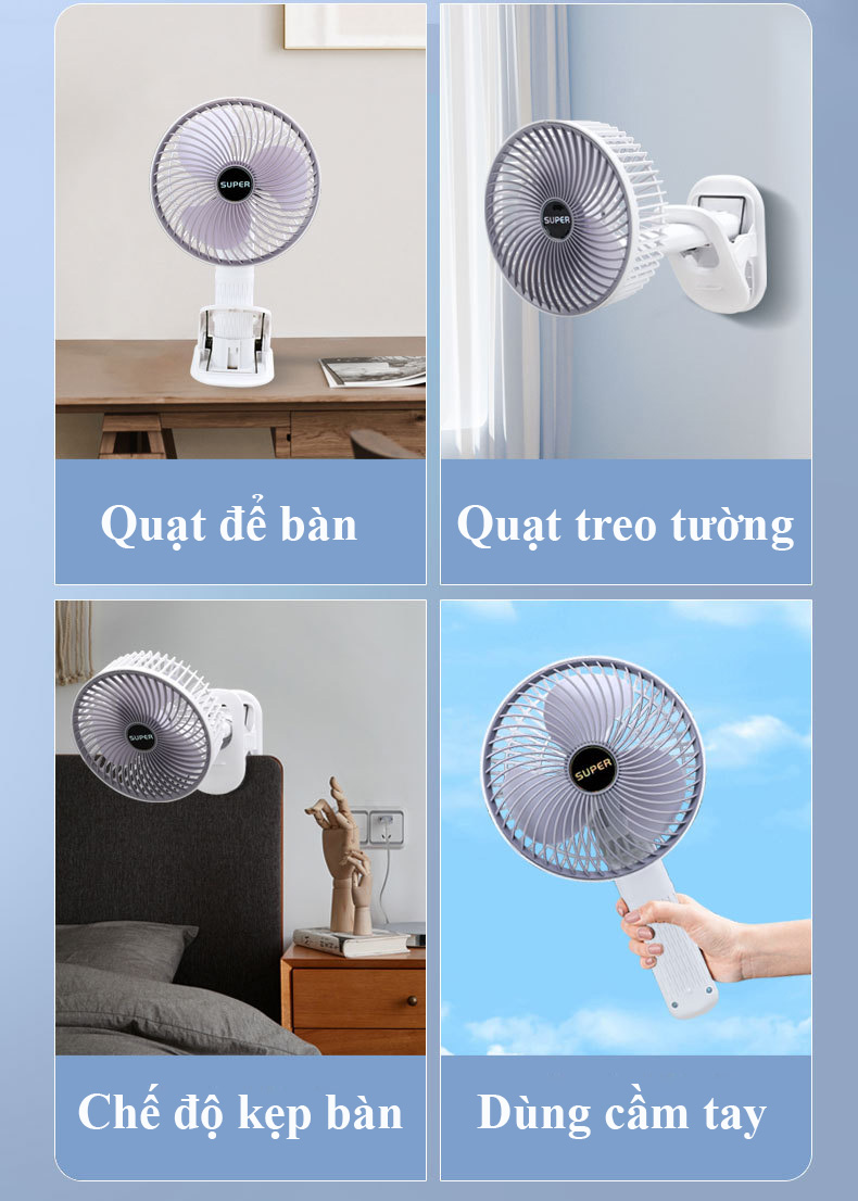 Quạt tích điện Super 4.5W dùng pin sạc. Quạt mini tích điện cầm tay đa năng có thể để bàn, treo tường hay kẹp bàn làm việc. Pin trâu