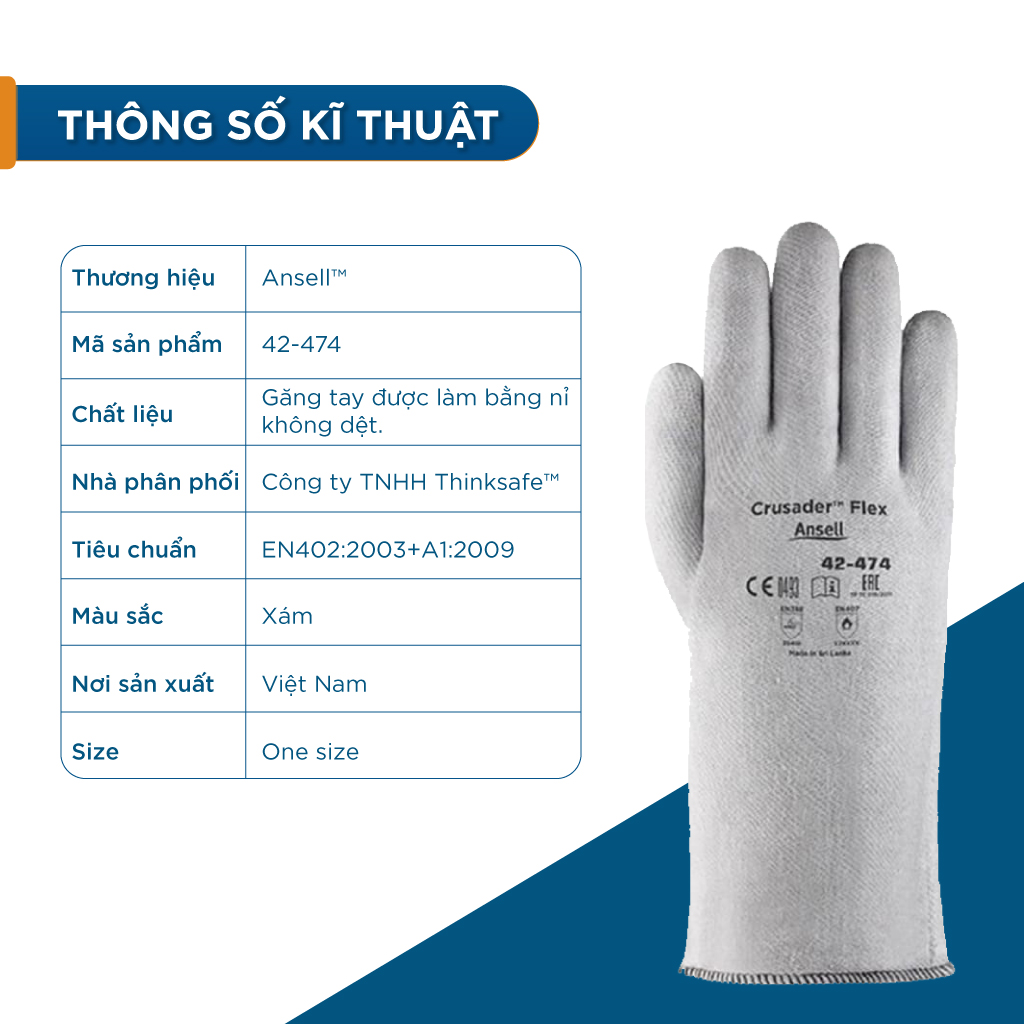 Găng tay chịu nhiệt ANSELL 42-474 bao tay chịu nhiệt 204°C chuyên dùng cầm lò nướng, tao tác cơ khí nóng