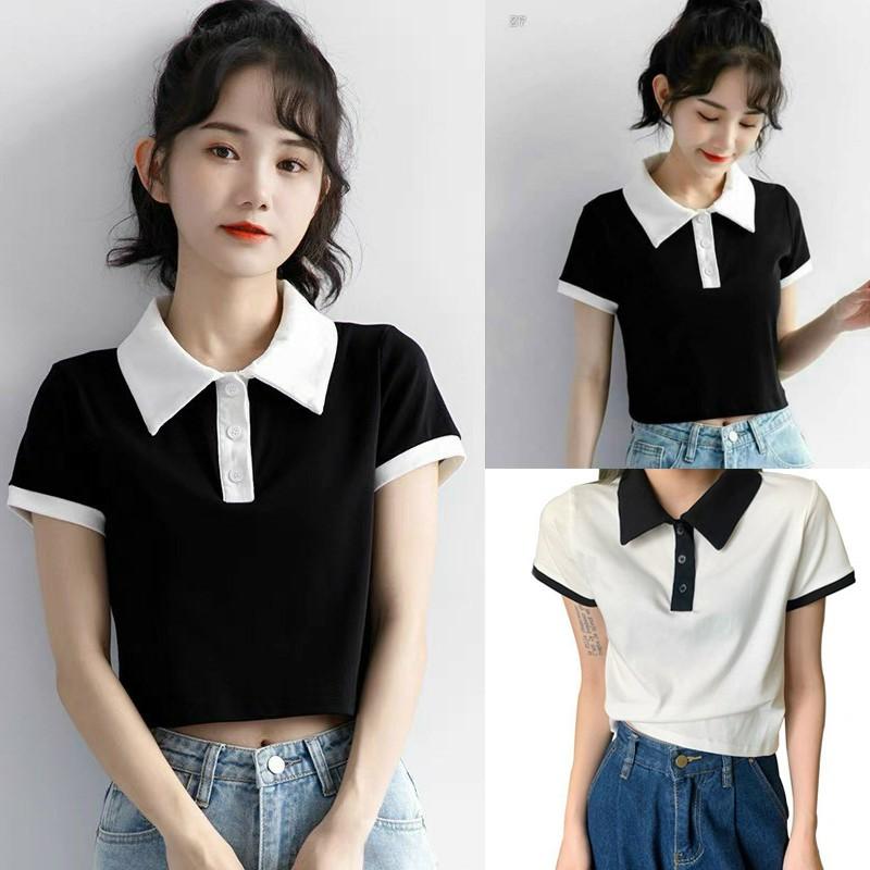 Áo croptop    Áo thun nữ cổ polo khác màu thời trang XIXO - ATN0036