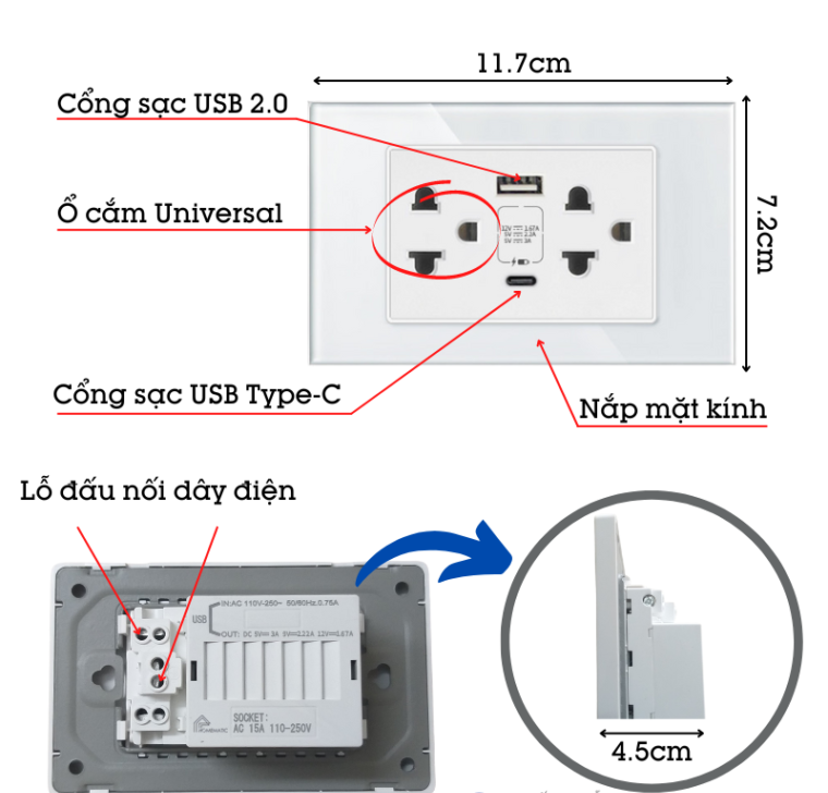 Ổ Cắm USB Âm Tường Homematic Hỗ Trợ Sạc Nhanh Mặt Kính Cao Cấp