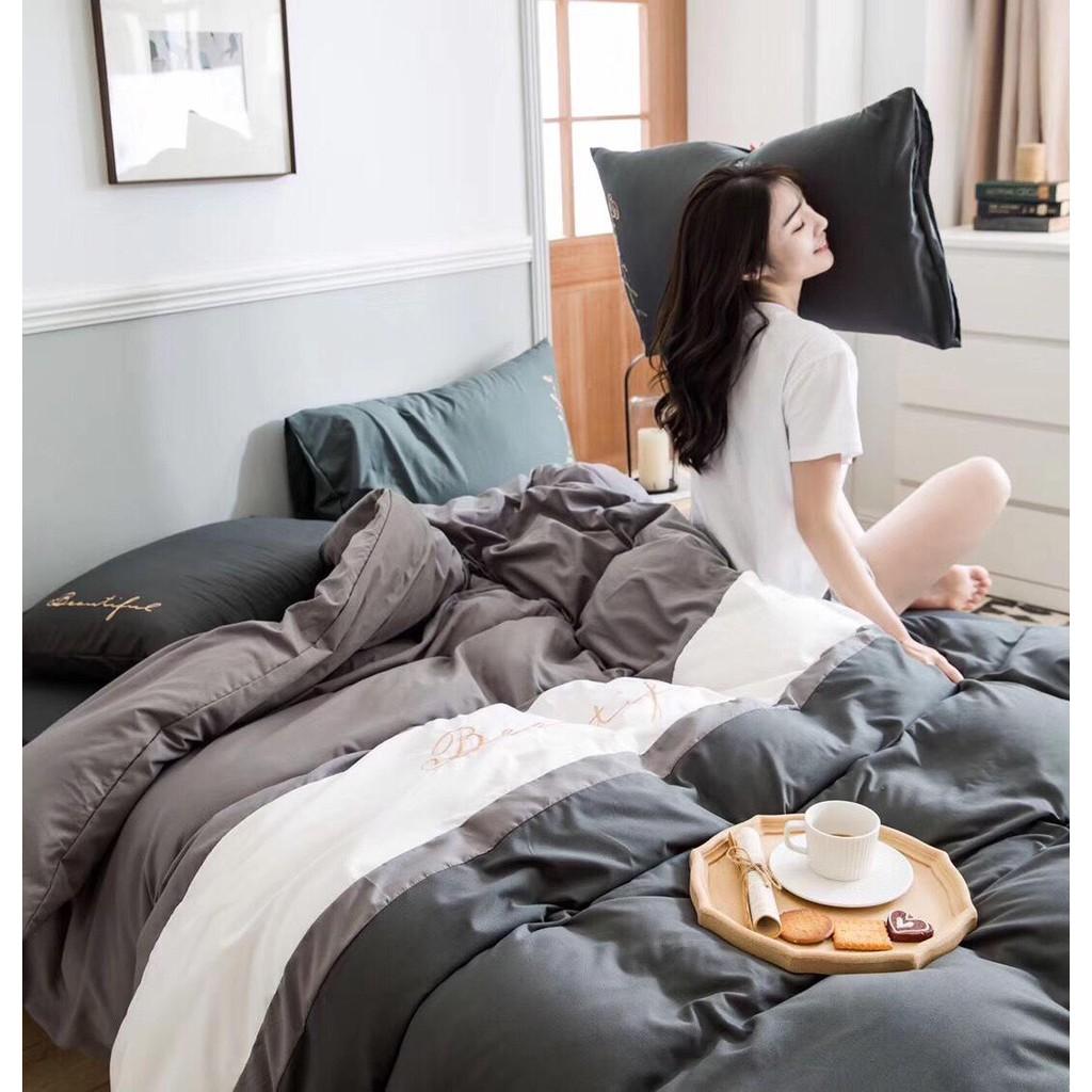 Combo 4 Món Chăn/Mền Ga Gối Cotton Cao Cấp Phối Màu NÂU-GHI