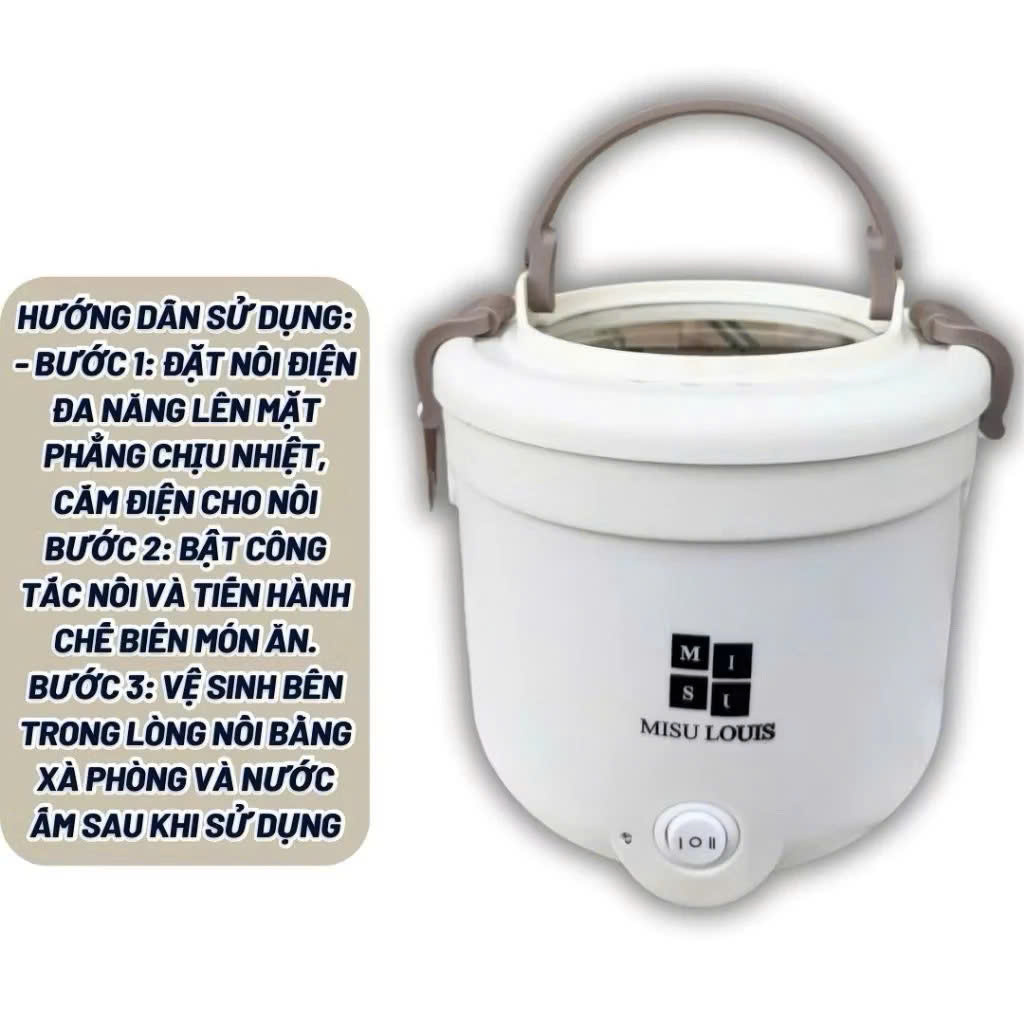 Nồi Lẩu Điện Mini Đa Năng 2.5L MISU LOUIS - Nồi Nấu Mì, Hấp, Chiên, Lẩu Mini Có Xửng Hấp 600W - HÀNG CHÍNH HÃNG MINIIN