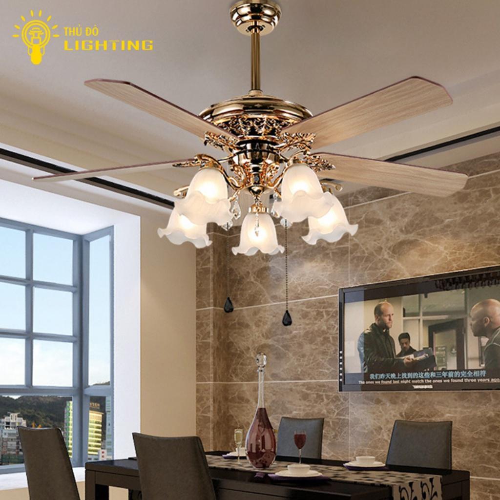 Quạt Trần Đèn 5 Cánh THỦ ĐÔ LIGHTING Hoa Lan Chuông Chất Liệu Hợp Kim, Thủy Tinh Có Điều Khiên Từ Xa 52ZSM-516