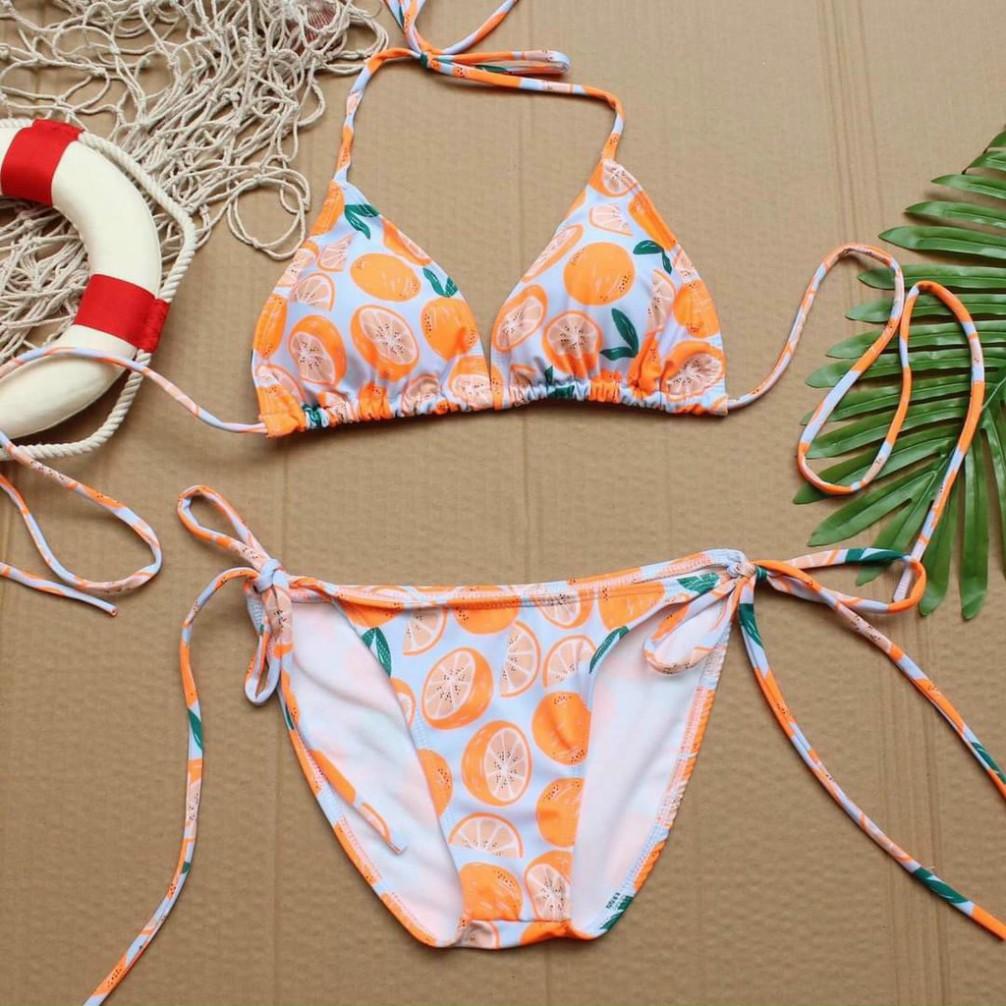 freeship Bikini đồ bơi hai mảnh cạp thấp sexy họa tiết quả cam nổi bật đi biển đi bơi