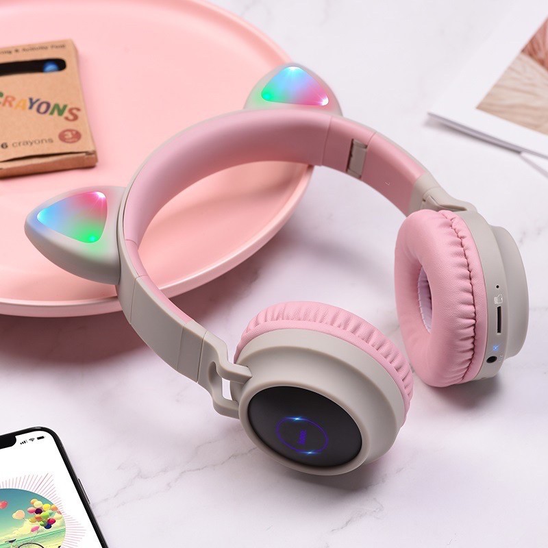 Tai nghe bluetooth, tai nghe chụp tai mèo đáng yêu có mic đàm thoại và đèn LED headphone bluetooth dùng được cho cả điện thoại, laptop, máy tính 5Tech hàng chính hãng