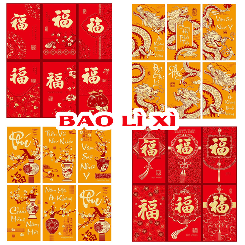 Set 6 Bao Lì Xì Đỏ, Lì Xì Tết In Chữ Nổi Ép Kim 3D May Mắn Cho Lễ Hội Năm Mới Giáp Thìn 2024