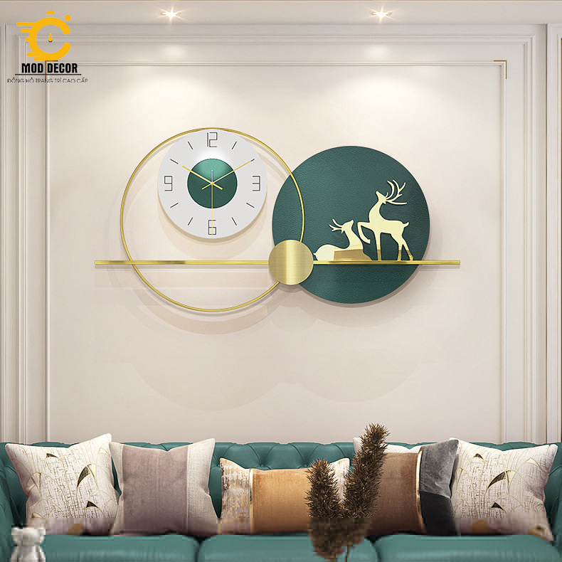 Đồng hồ treo tường kim trôi hươu xanh 2177 decor phòng khách sang trọng