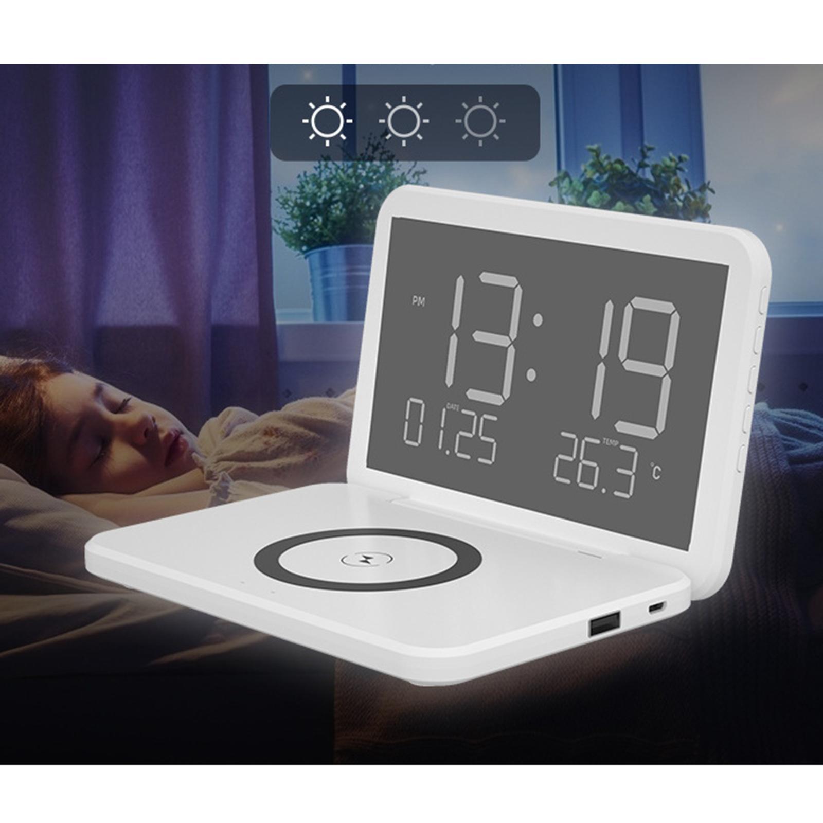 Alarm Clock with 15W Fast Wireless Charging Adjustable Brightness LCD Display for Bedroom