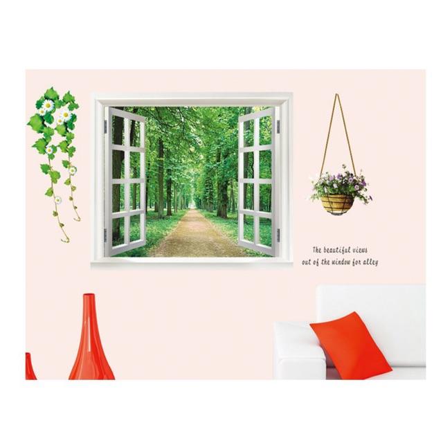 Decal trang trí cửa sổ lẳng hoa và con đường