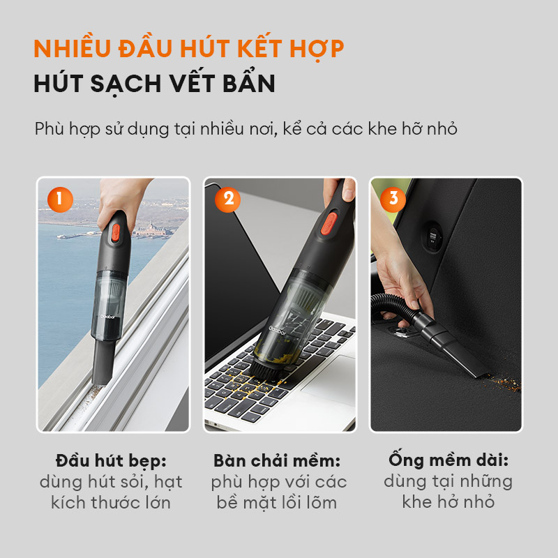 Máy hút bụi không dây GAABOR GVCC-M3A2 áp suất hút 6000pa, 3 đầu hút tiện lợi - Hàng chính hãng