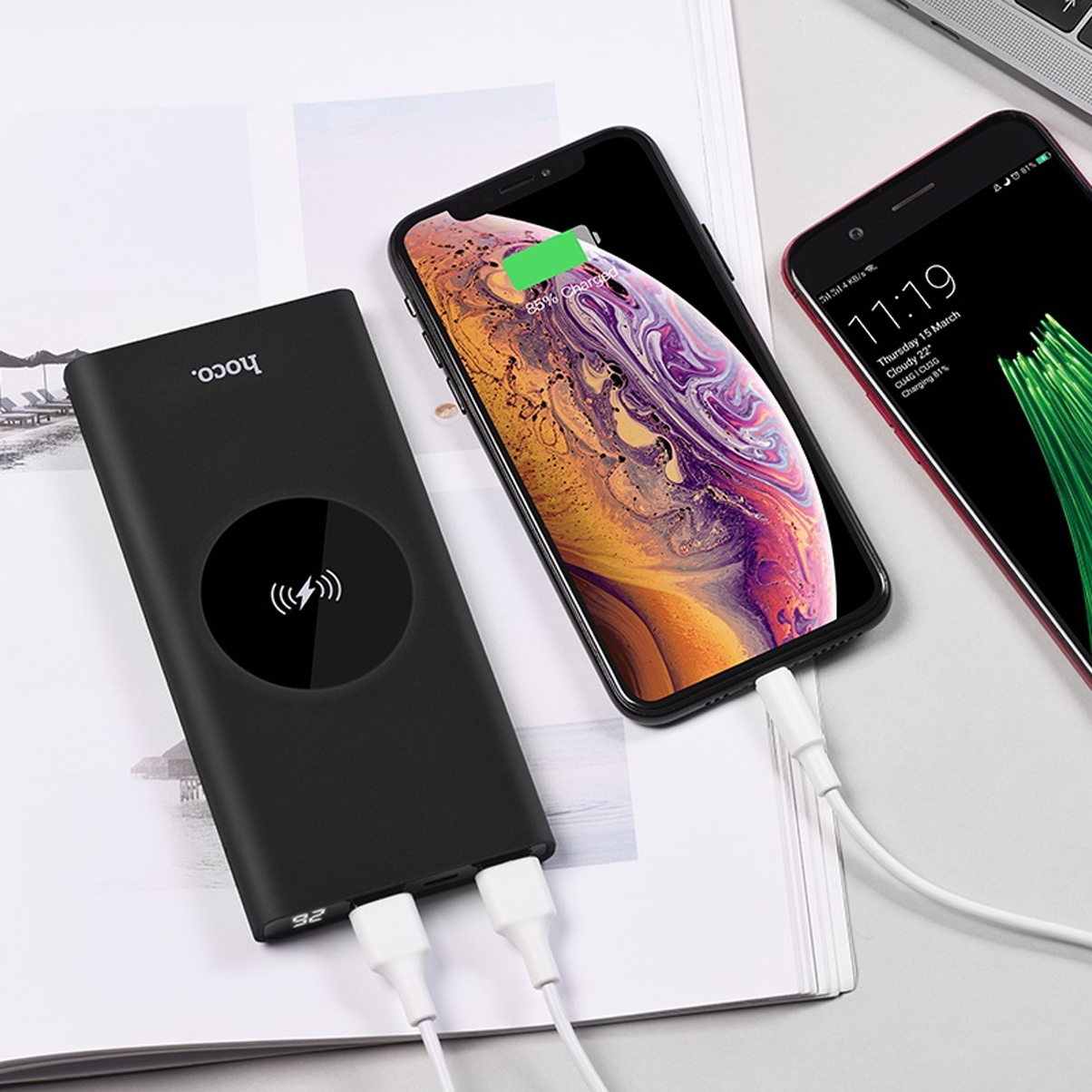 Combo Pin Sạc Dự Phòng Hoco J37 10000mah Kiêm Sạc Không Dây + Tặng Gía Đỡ Điện Thoại Mini - Chính Hãng