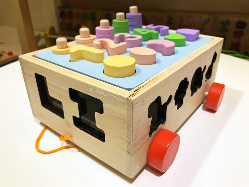 Xe kéo ô tô thả hình khối, con vật, học số và tập đếm xâu hạt đồ chơi gỗ