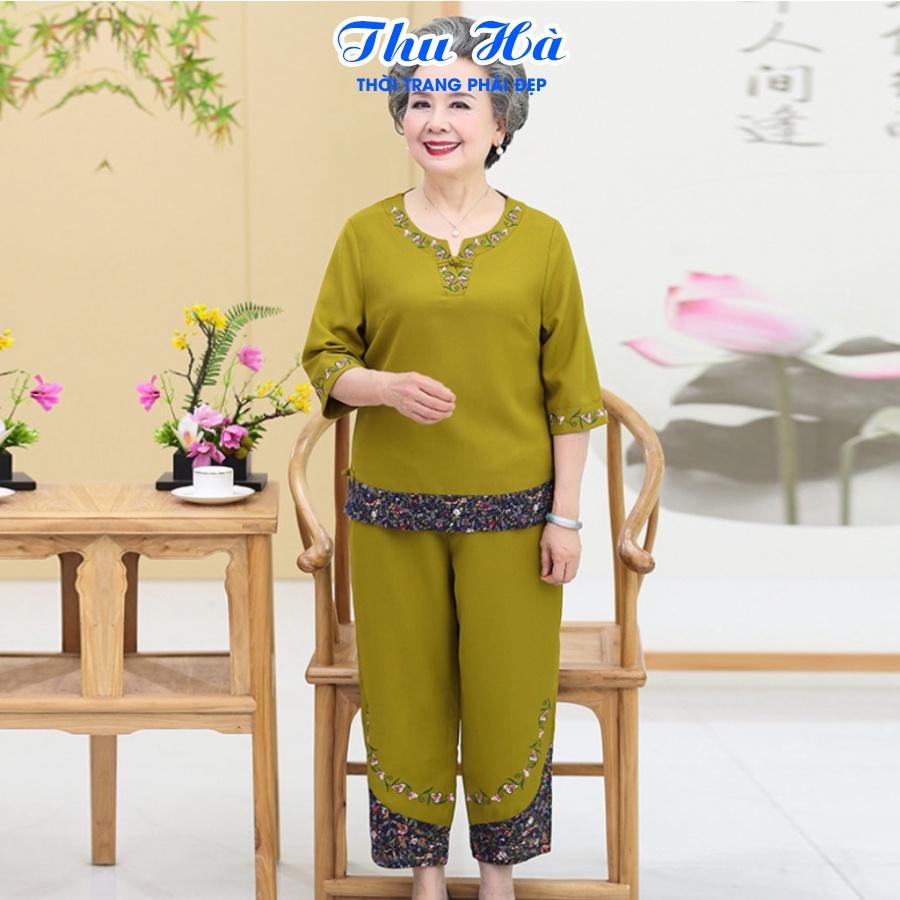 Đồ bộ mặc nhà tay lỡ cho mẹ quần áo trung niên Thu Hà họa tiết thêu hoa chất liệu cotton co giãn form thoải mái ĐBH.21