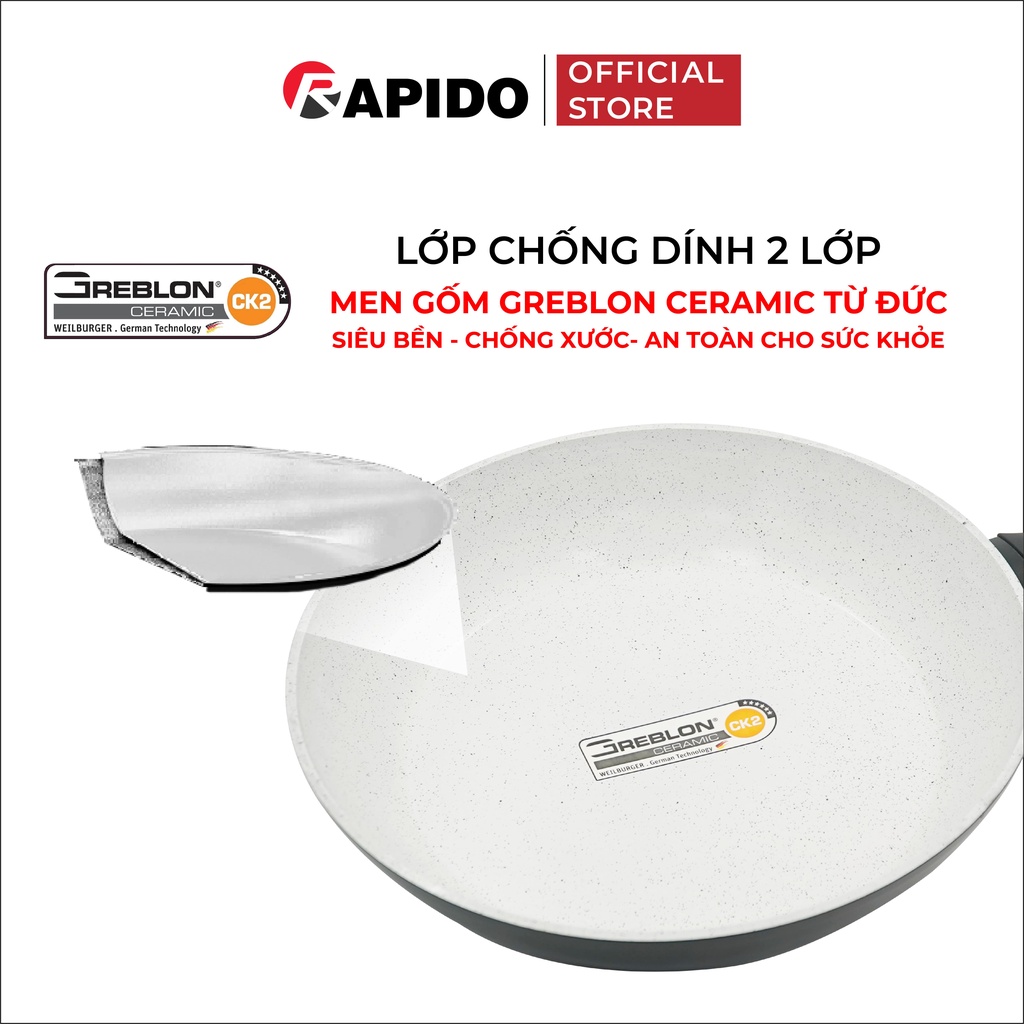 Chảo từ chống dính Rapido, chảo xào vân đá size 24-30cm dùng bếp từ, gas, hồng ngoại - Hàng chính hãng