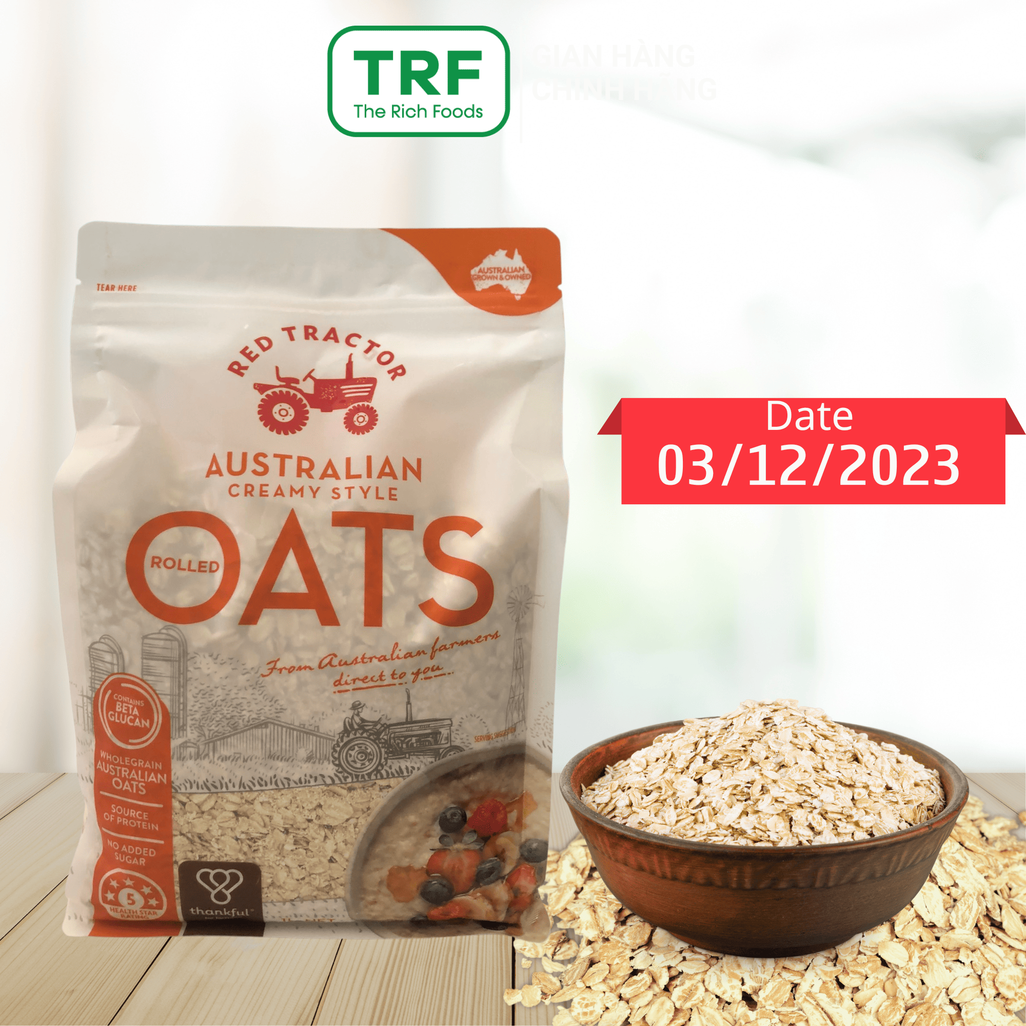 Yến mạch ăn liền nguyên chất lát tròn Rolled Oats Red Tractor Foods gói 1kg - nhập khẩu Úc