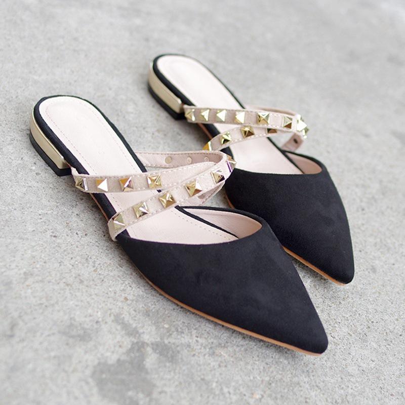 Đ-0242 Giày búp bê nữ mũi nhọn 3 phân đính đá rosa fashion Giày búp bê đế bằng cao cấp hàng màu đen