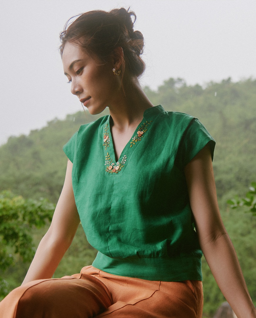 Áo Bo Tay Liền Linen Thêu Tay TOP218 thời trang thiết kế Hity