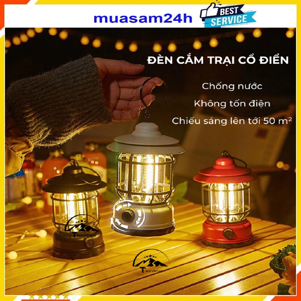 Đèn Cắm Trại, Đèn Camping Phong Cách Cổ Điển, Đèn Pin Sạc Tích Điện USB, Đèn Măng Xông - Hàng Nhập Khẩu