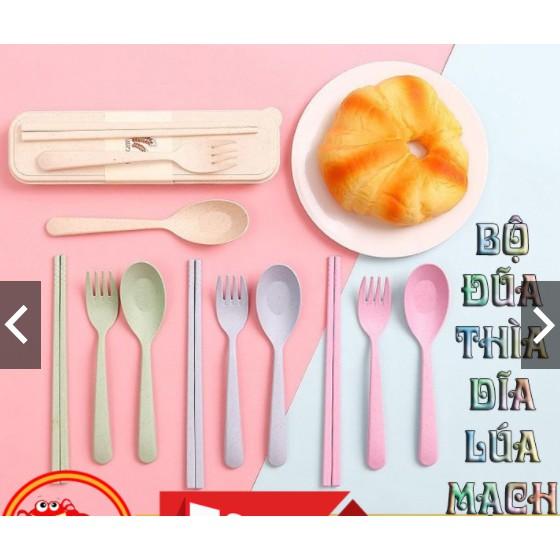 Bộ đũa thìa dĩa bằng nhựa lúa mạch kèm hộp đựng