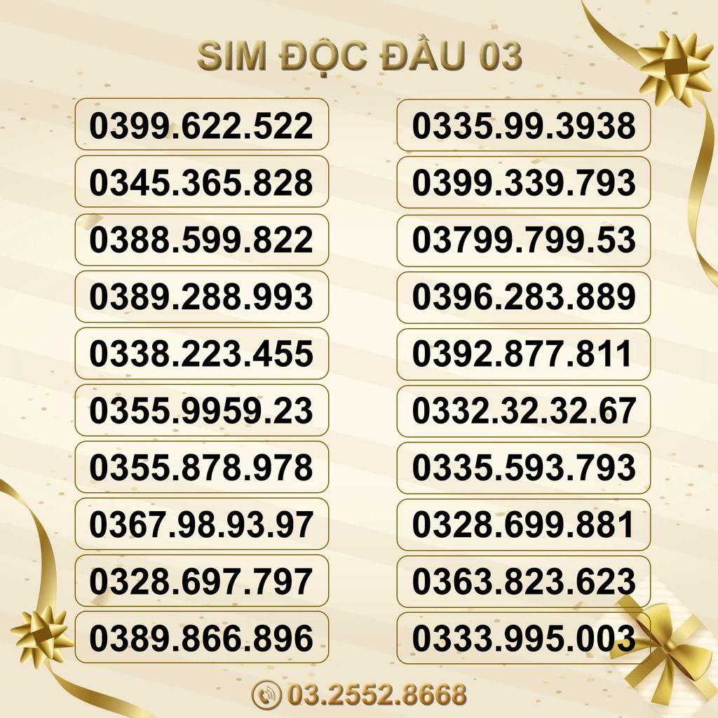 Sim Số Đẹp Độc Đầu 03 Viettel List 1, HỖ TRỢ ĐĂNG KÝ CHÍNH CHỦ-HÀNG CHÍNH HÃNG