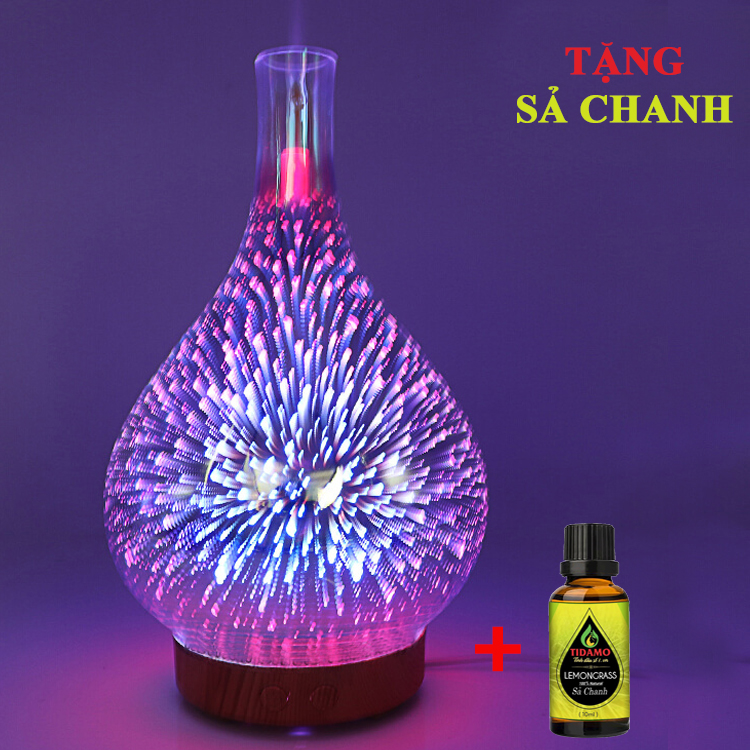 Combo Máy Khuếch Tán/ Máy Xông Tinh Dầu Thủy Tinh Hiệu Ứng Ánh Sáng 3D Cực Đẹp + Tinh Dầu Sả Chanh TIDAMO 10ml/ Thích Hợp Xông Phòng 15-40m2, Hiệu Ứng Đèn LED 3D Sang Trọng