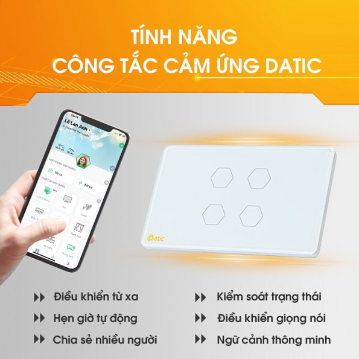 Công tắc thông minh HUNONIC DATIC 4 nút màu trắng - Điều khiển từ xa bằng điện thoại - Công nghệ 4.0