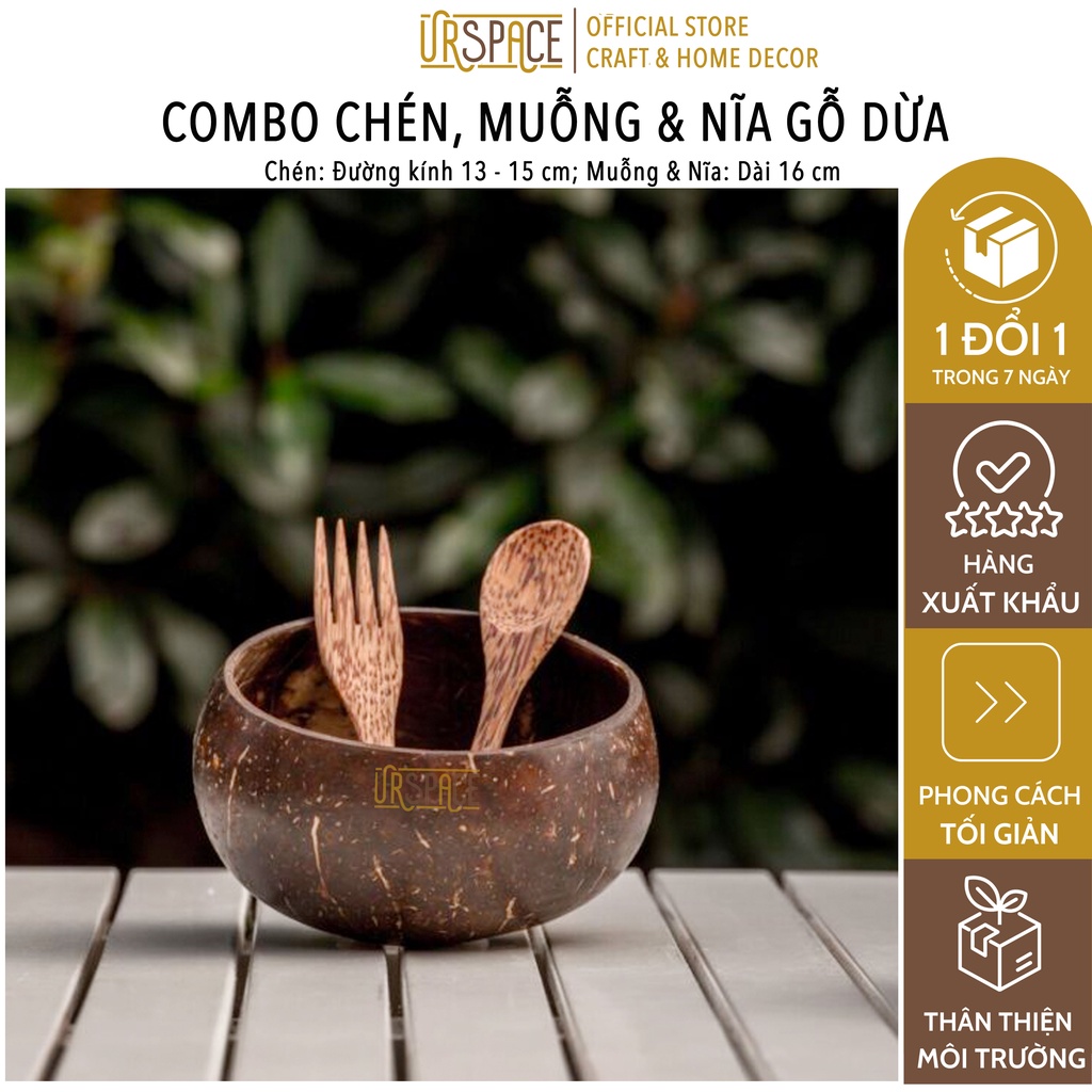 Chén dừa muỗng thìa gỗ dừa URSPACE trộn ngũ cốc salad