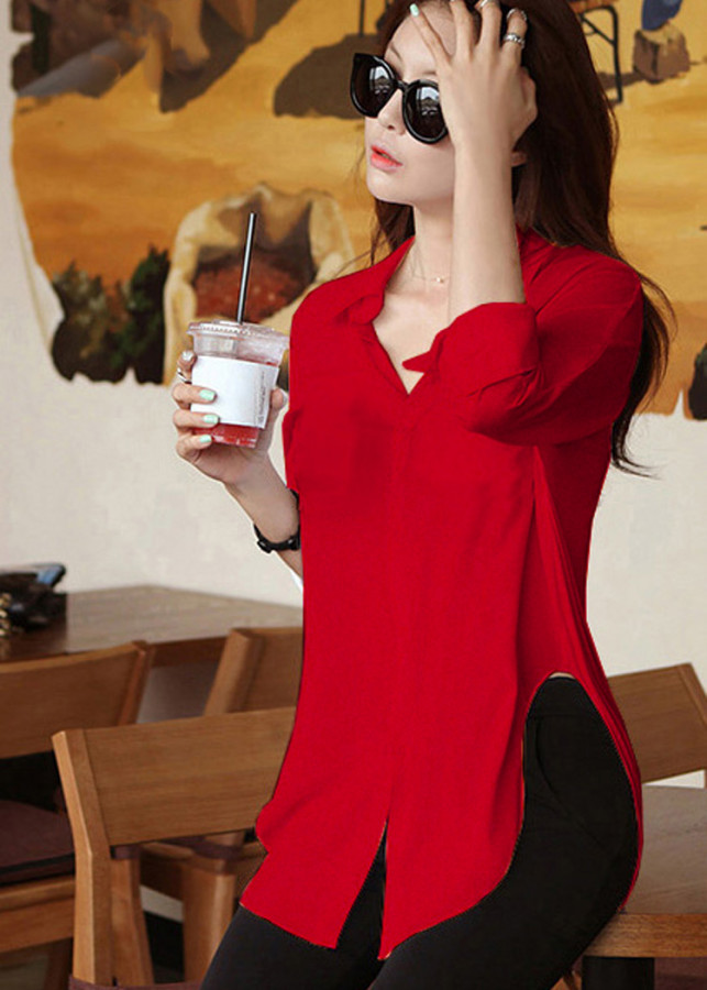 Áo sơ mi form dài xẻ eo cực hot AKN22