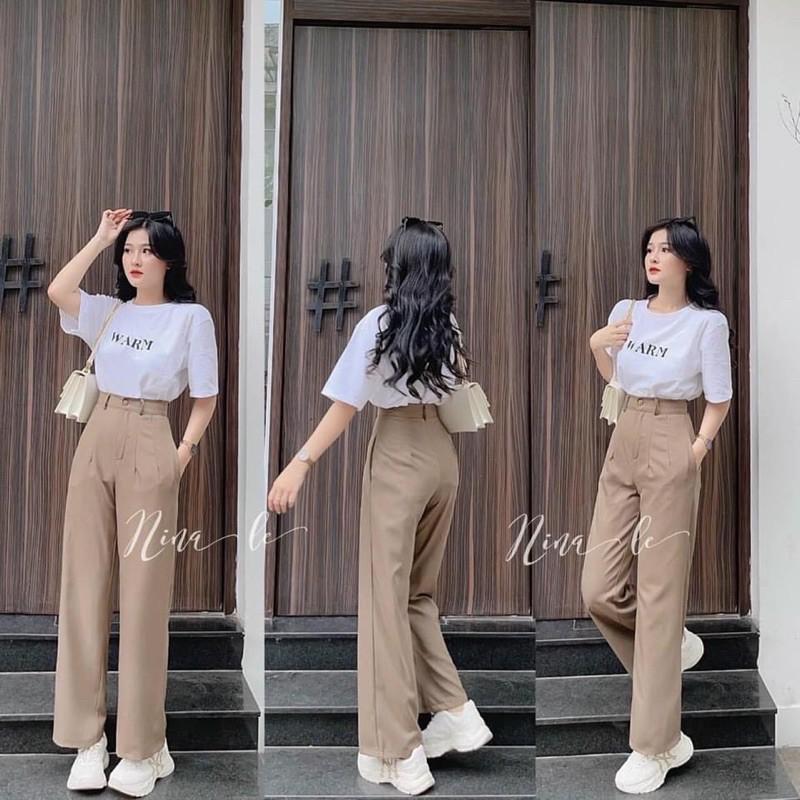 SET ÁO THUN TRẮNG CHỮ WARM MIX QUẦN ỐNG SUÔNG RỘNG BE LÊN DÁNG CHUẨN SIÊU XINH
