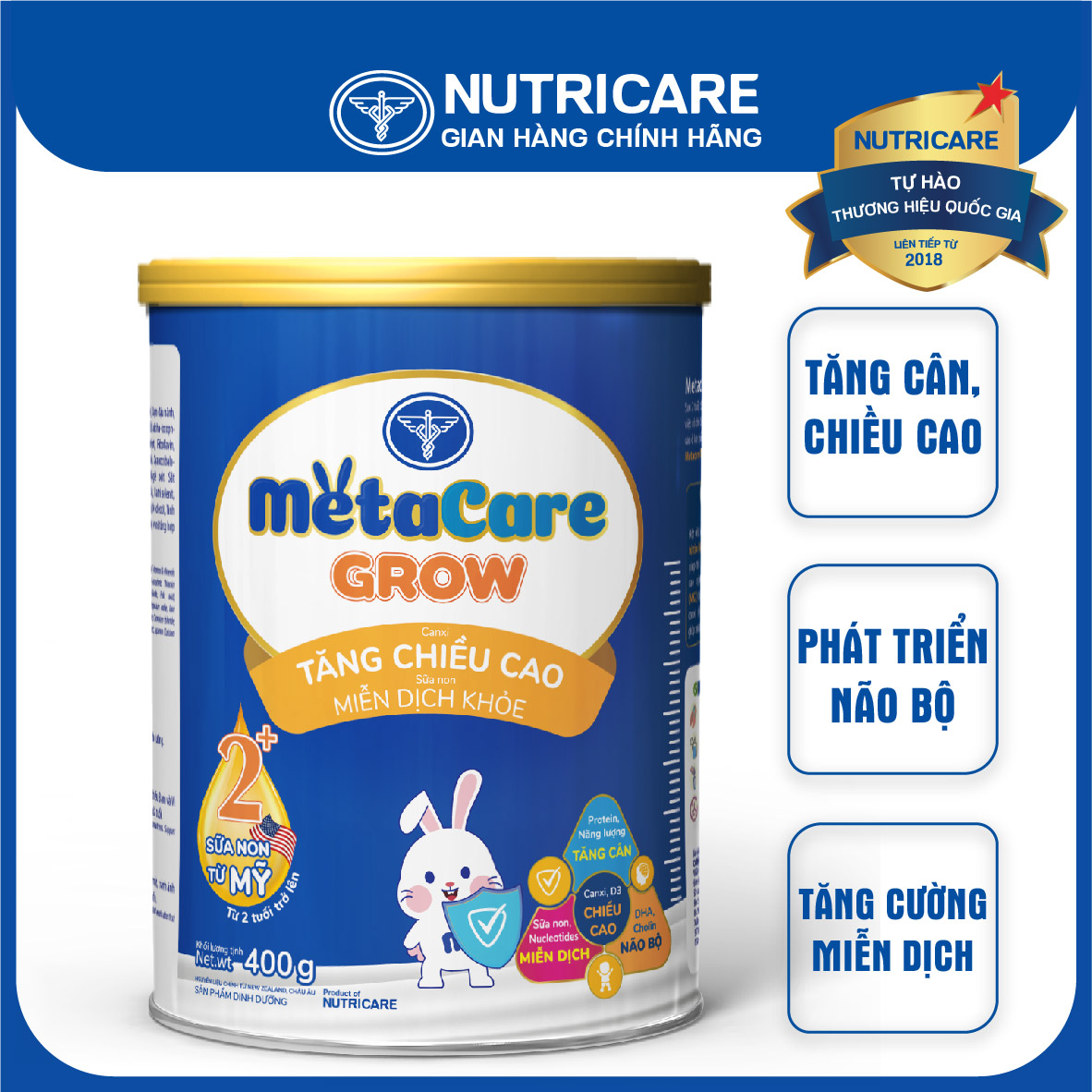 Sữa bột Nutricare MetaCare GROW 2+ tăng chiều cao và miễn dịch 400g