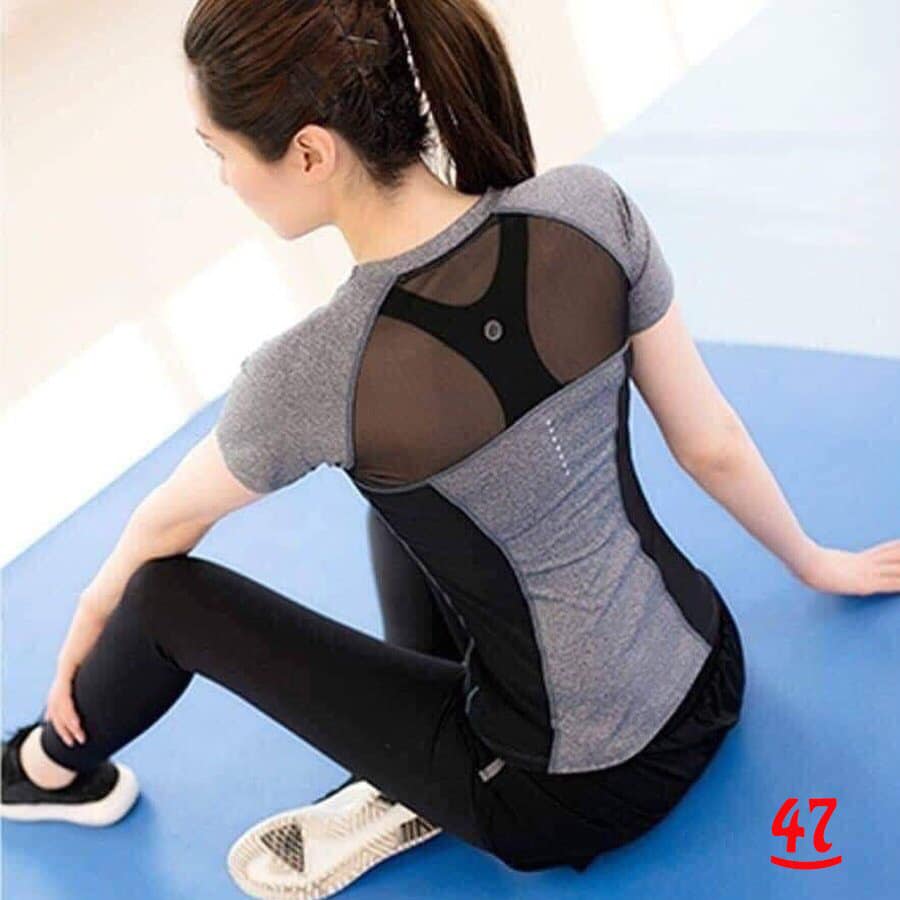 Bộ thể thao cộc tay màu xám, màu đen phủ bụng phối lưới lưng tập gym,yoga...Hàng VNXK